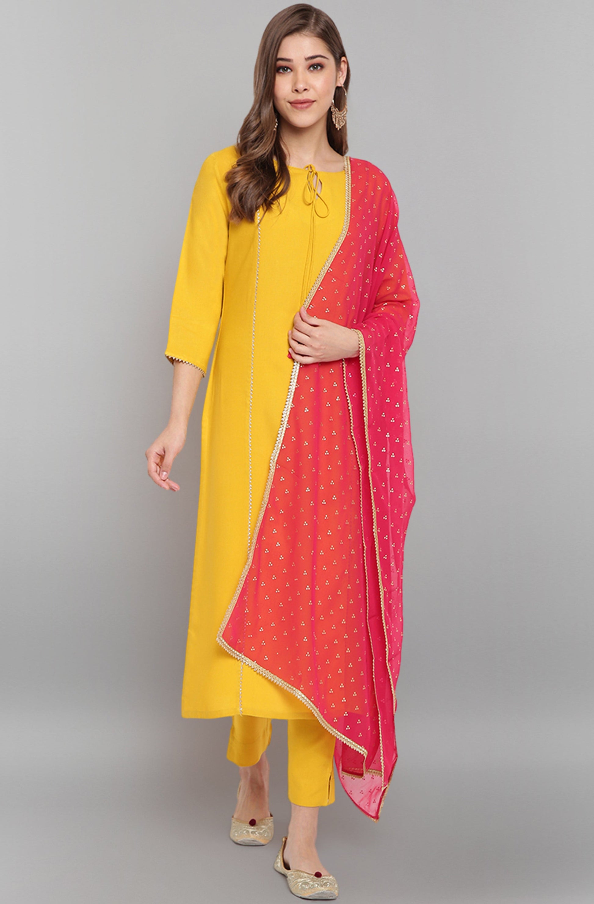 Janasya Women's Mustard Rayon Solid Kurta With Pant And Dupatta | Swadesiicart