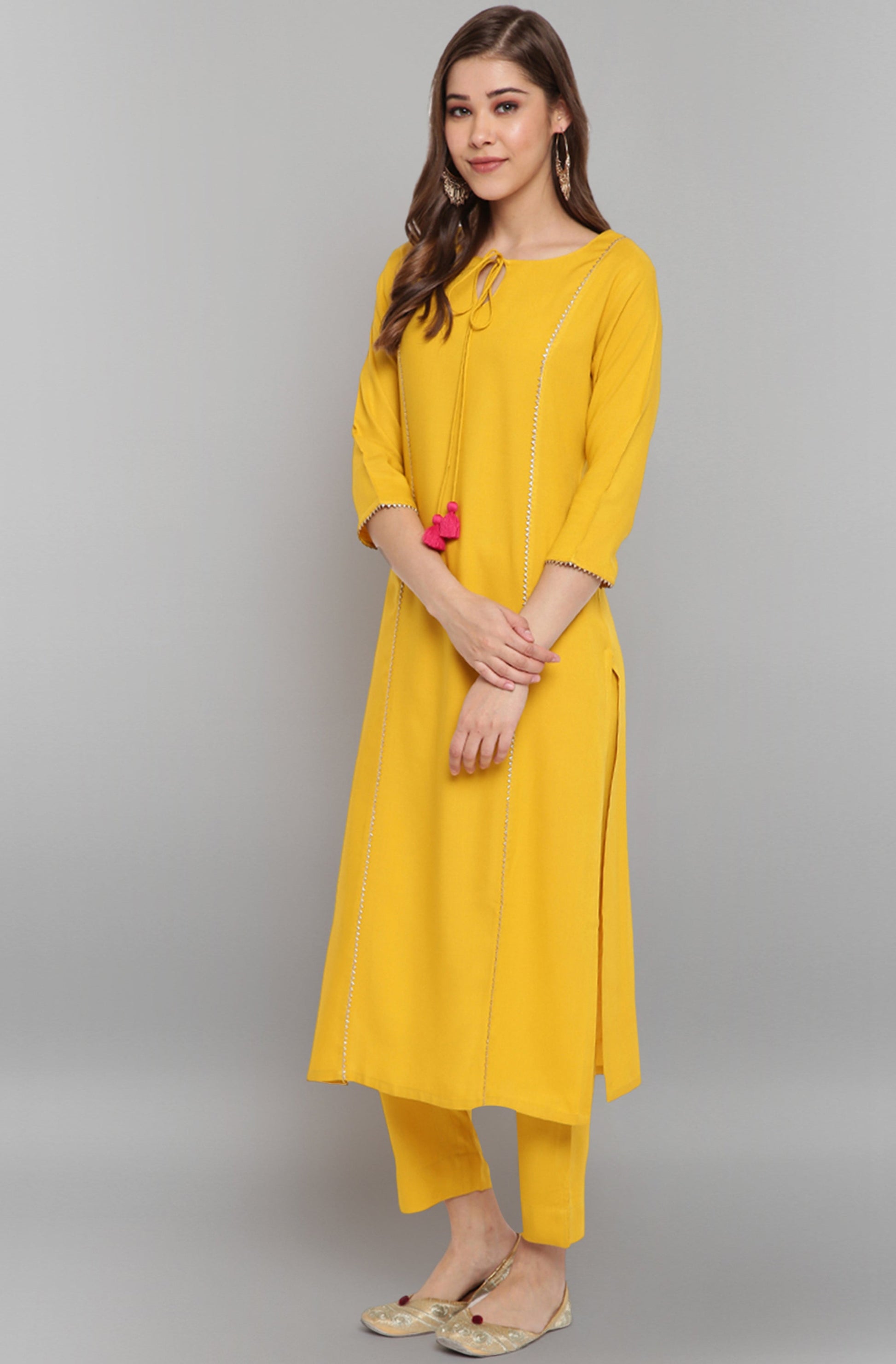Janasya Women's Mustard Rayon Solid Kurta With Pant And Dupatta | Swadesiicart
