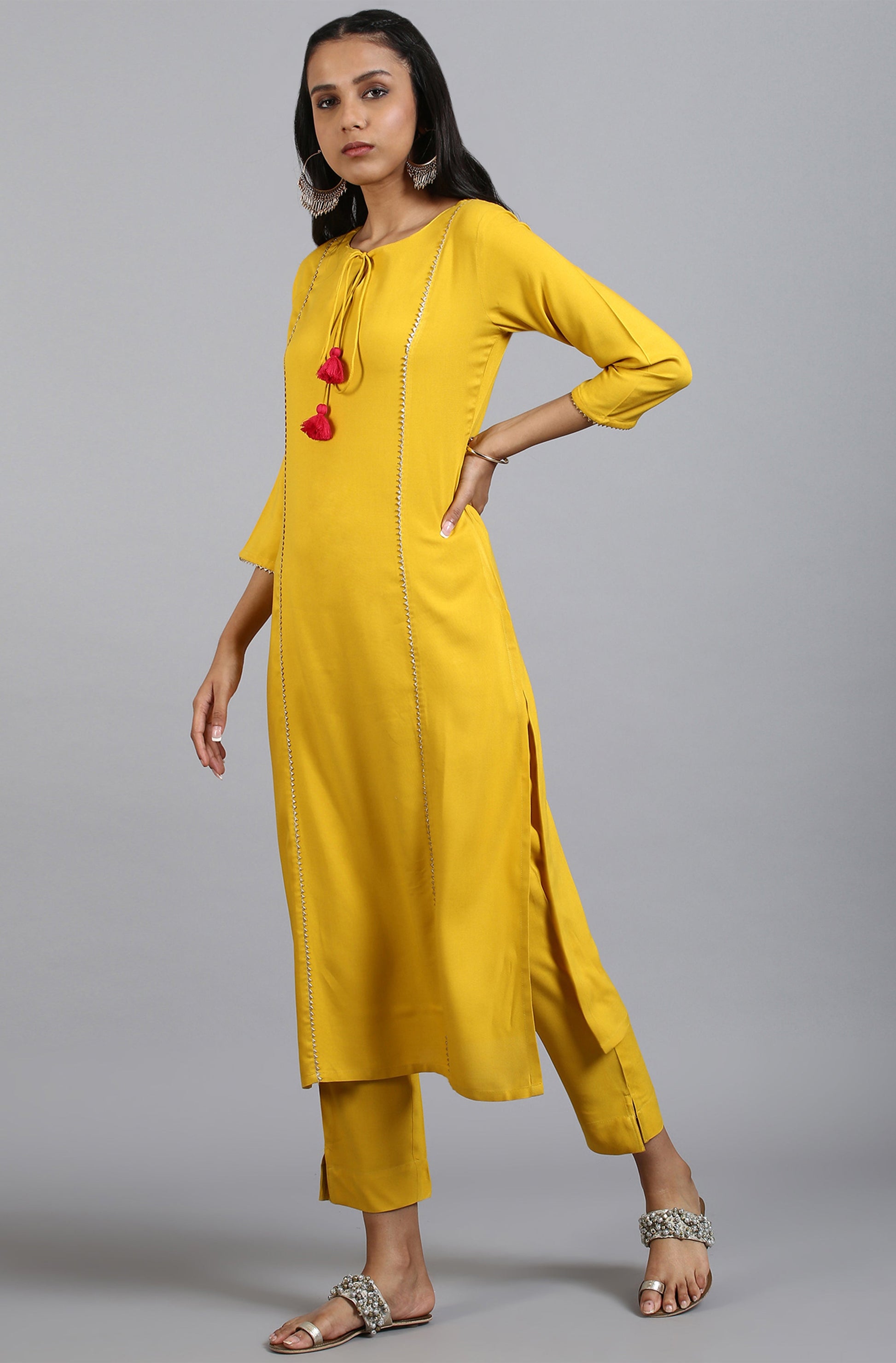 Janasya Women's Mustard Rayon Solid Kurta With Pant And Dupatta | Swadesiicart