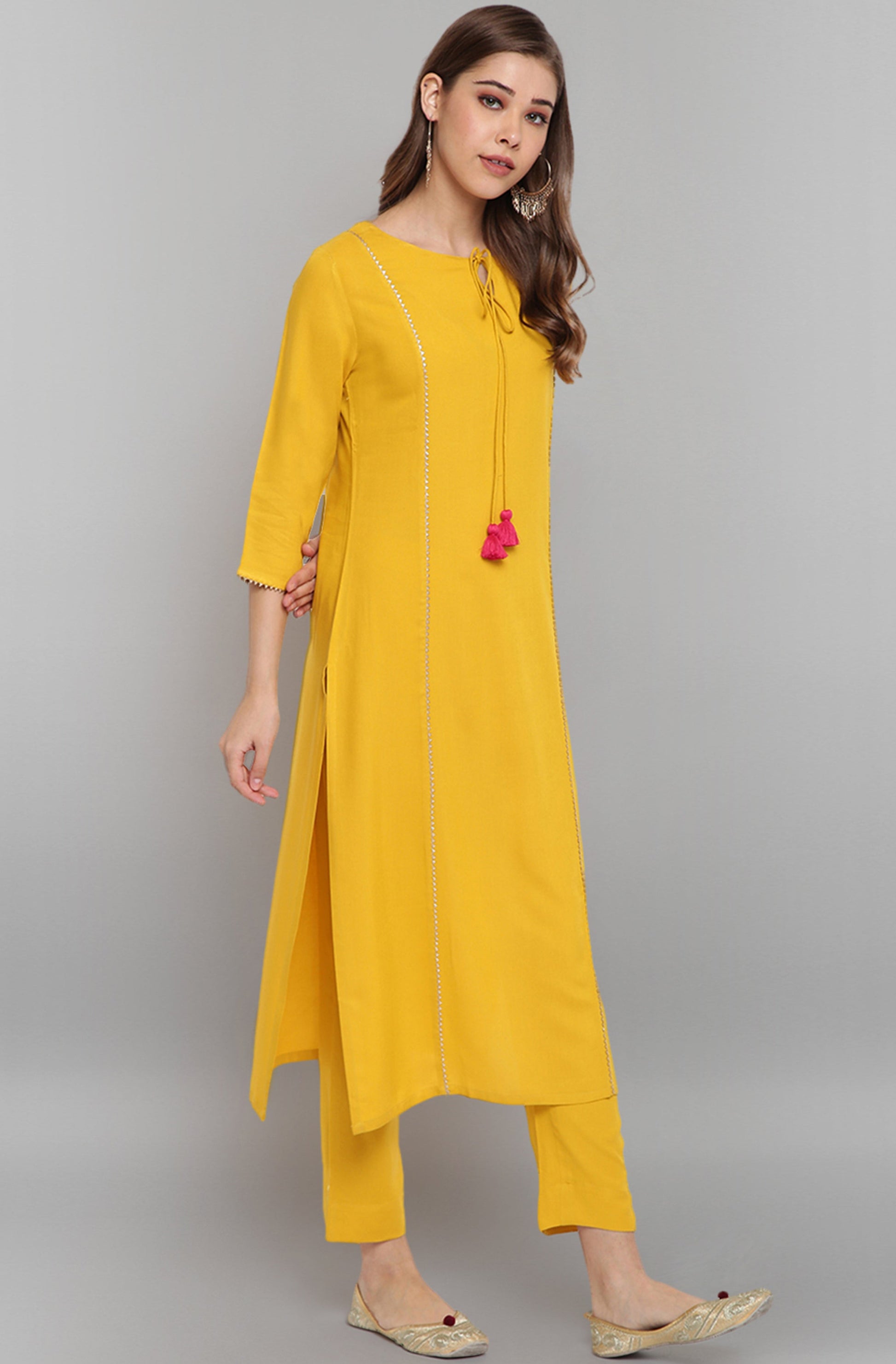 Janasya Women's Mustard Rayon Solid Kurta With Pant And Dupatta | Swadesiicart