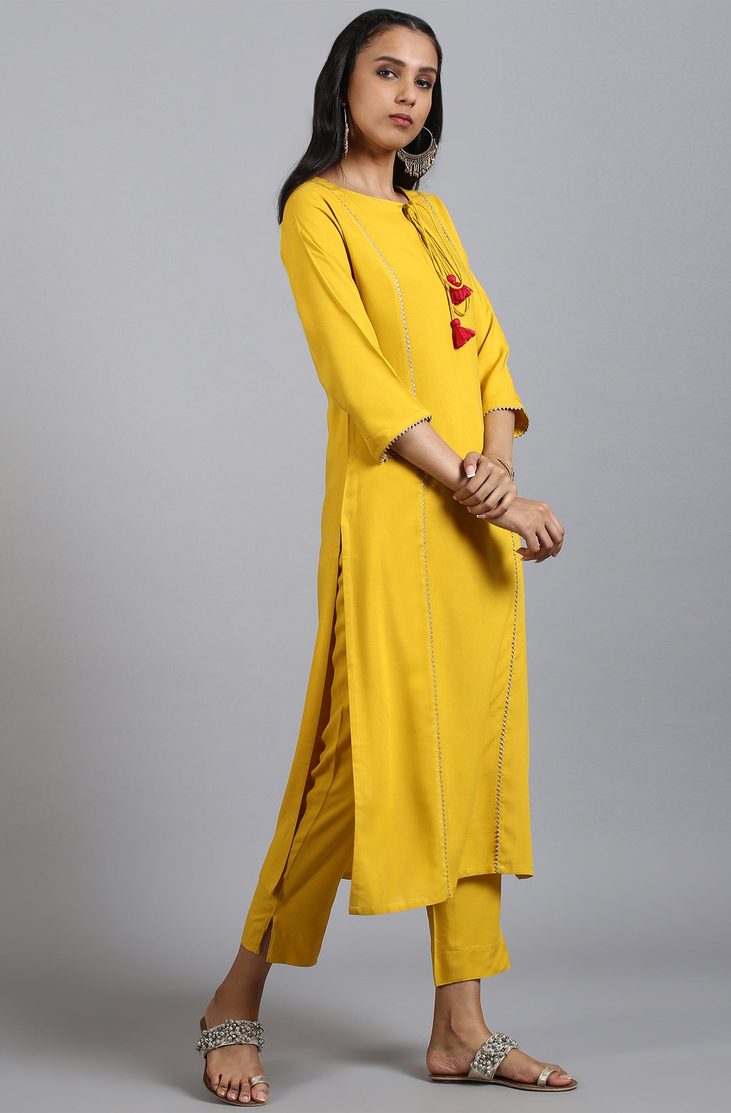 Janasya Women's Mustard Rayon Solid Kurta With Pant And Dupatta | Swadesiicart