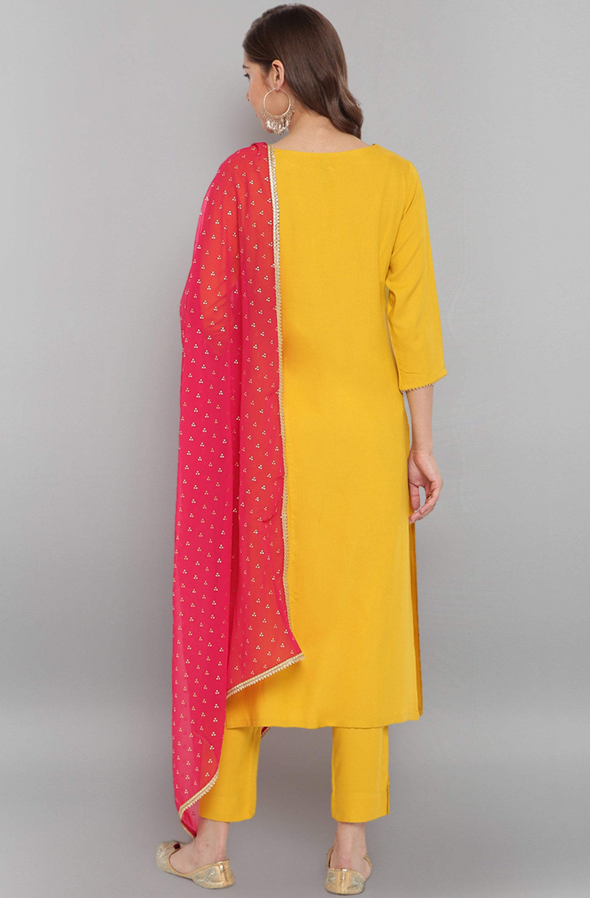 Janasya Women's Mustard Rayon Solid Kurta With Pant And Dupatta | Swadesiicart