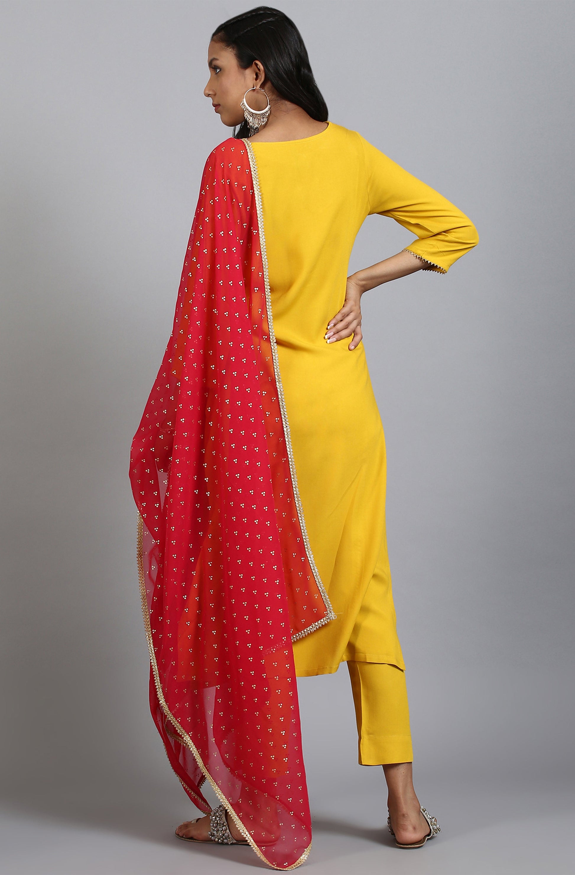 Janasya Women's Mustard Rayon Solid Kurta With Pant And Dupatta | Swadesiicart