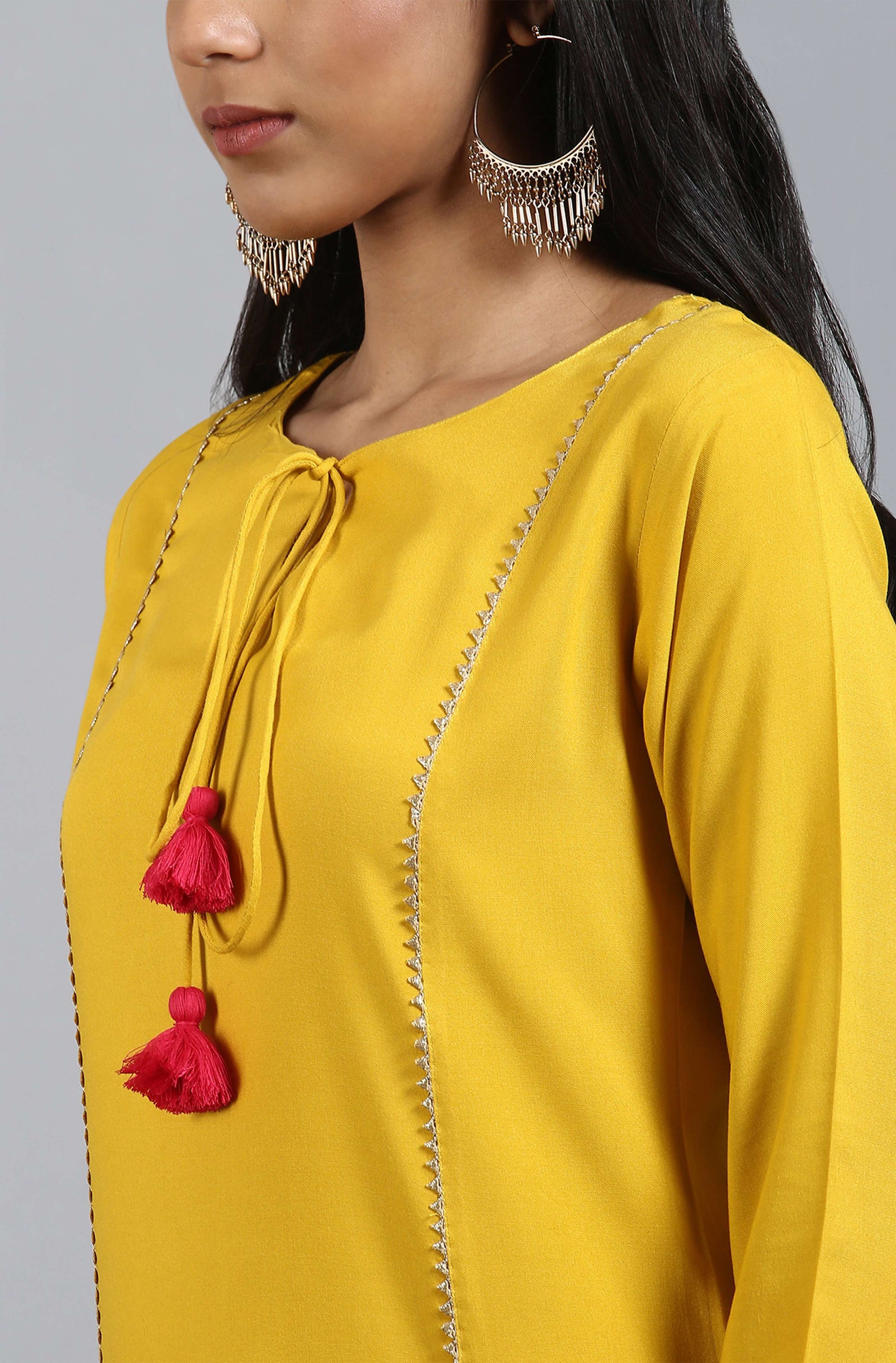 Janasya Women's Mustard Rayon Solid Kurta With Pant And Dupatta | Swadesiicart