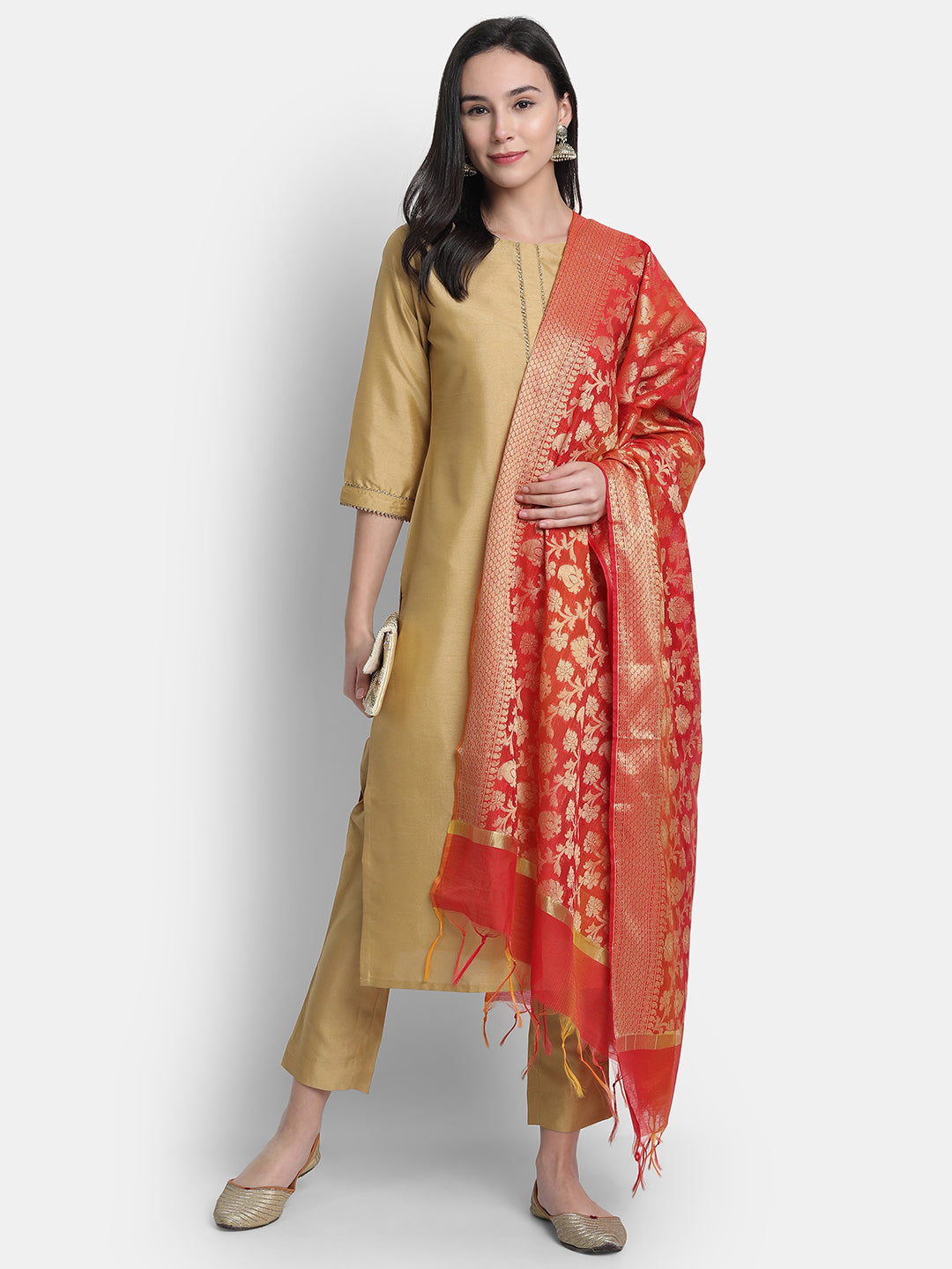 Janasya Gold Poly Silk Solid Set | Swadesiicart