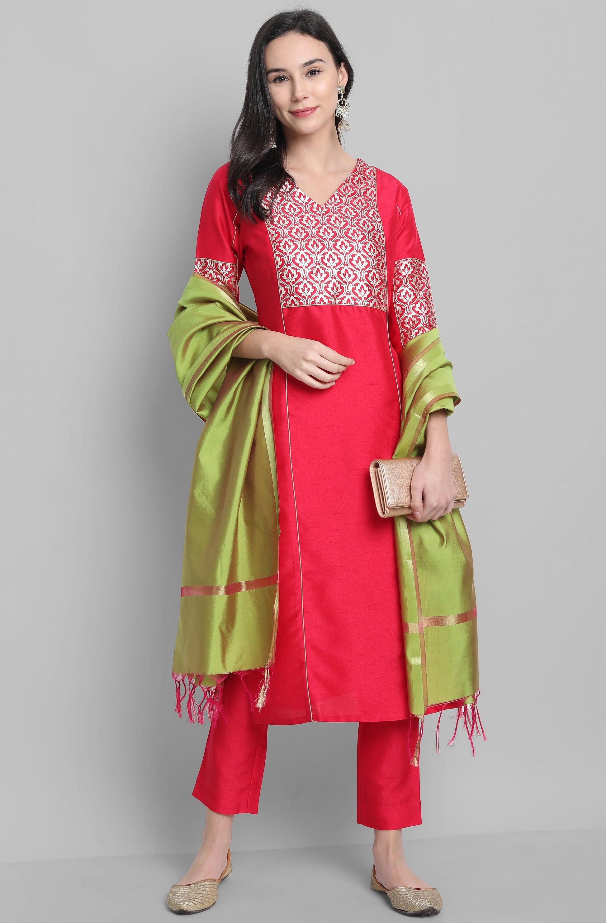 Janasya Women's Pink Poly Silk Floral Printed Straight Festive Kurta Set | Swadesiicart