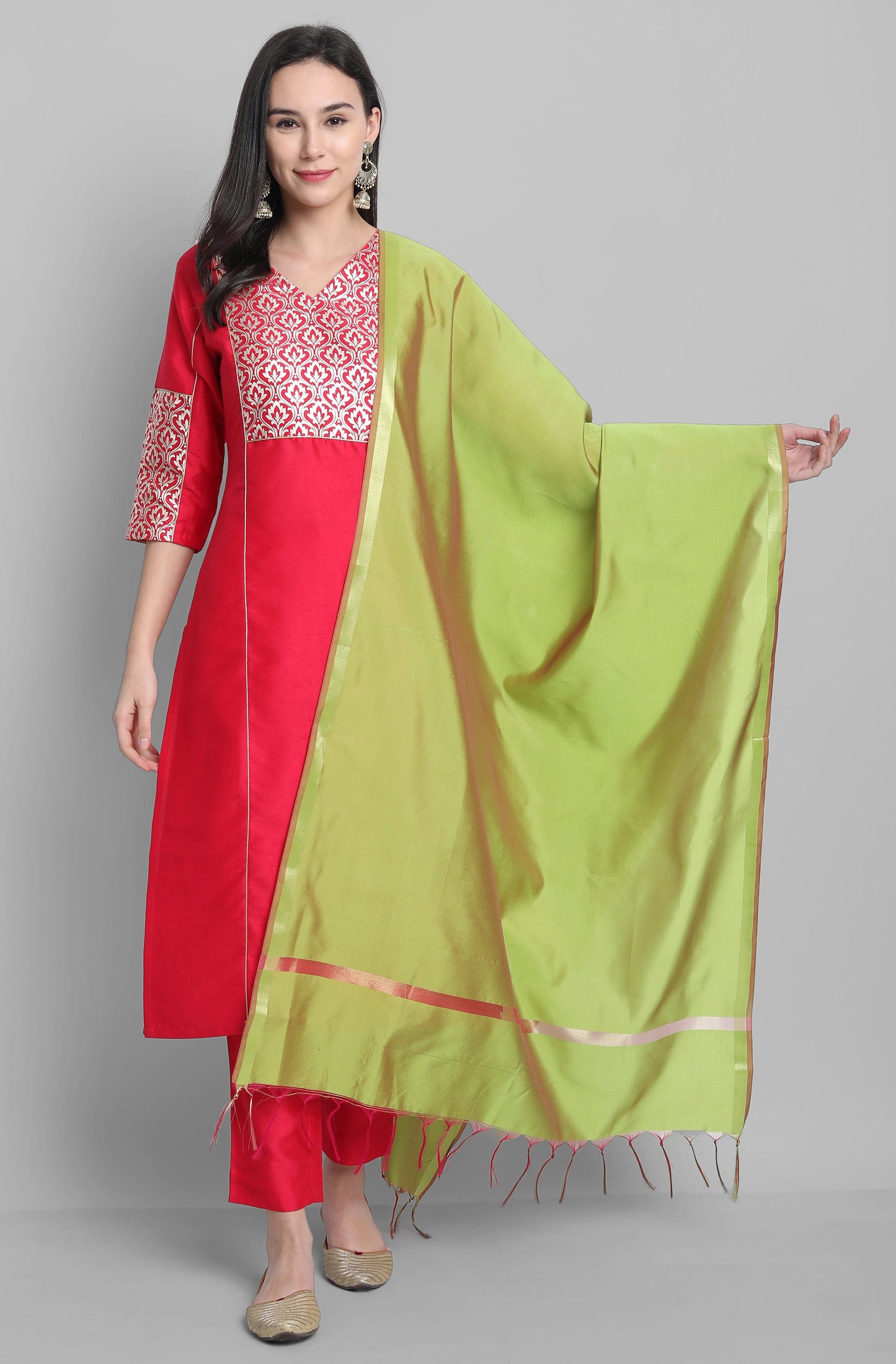 Janasya Women's Pink Poly Silk Floral Printed Straight Festive Kurta Set | Swadesiicart