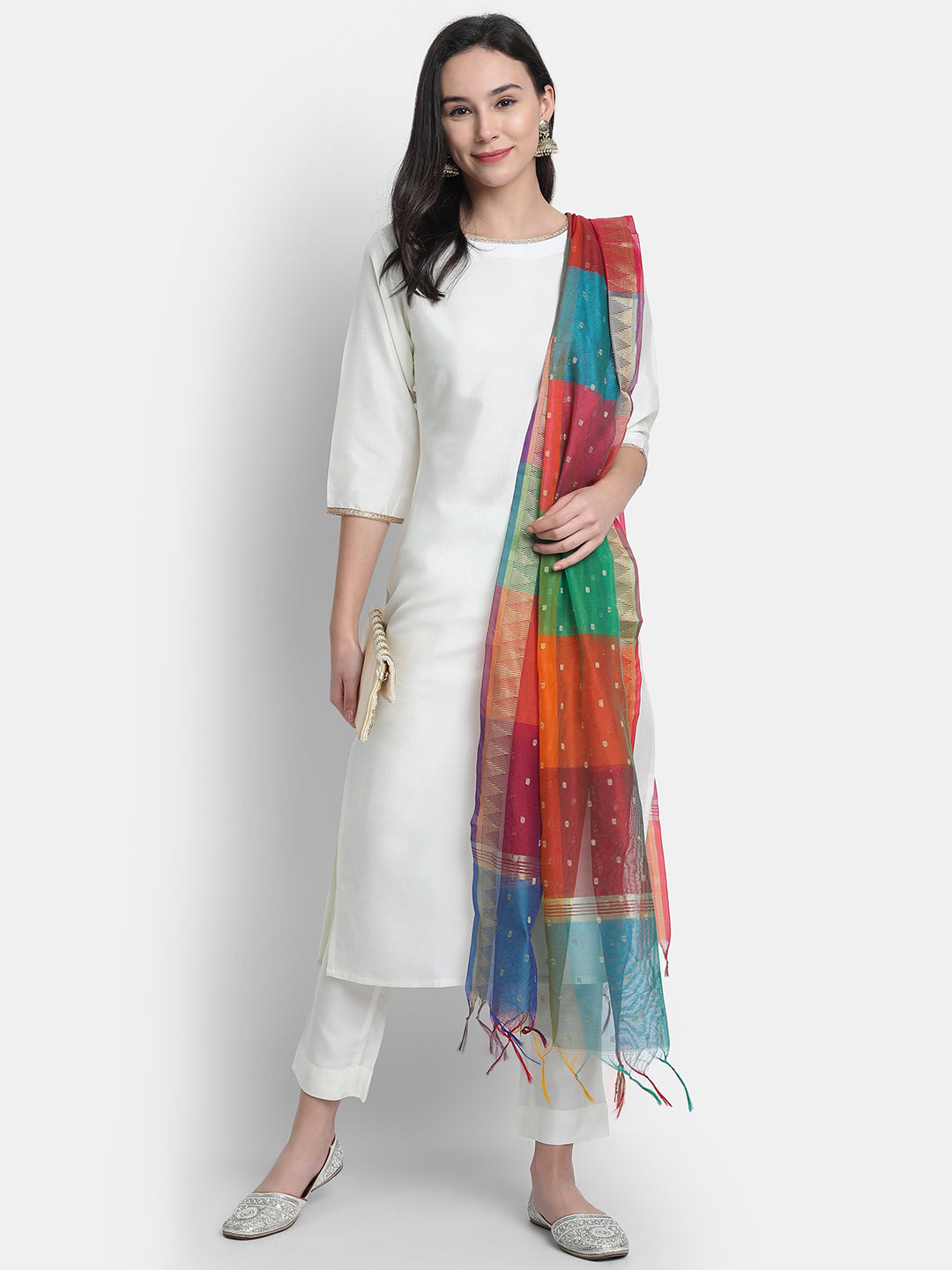 Janasya Off-White Poly Silk Solid Set - Swadesiicart