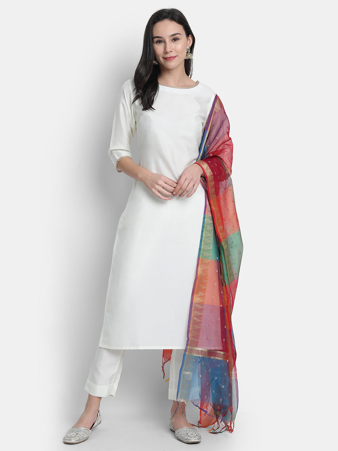 Janasya Off-White Poly Silk Solid Set - Swadesiicart