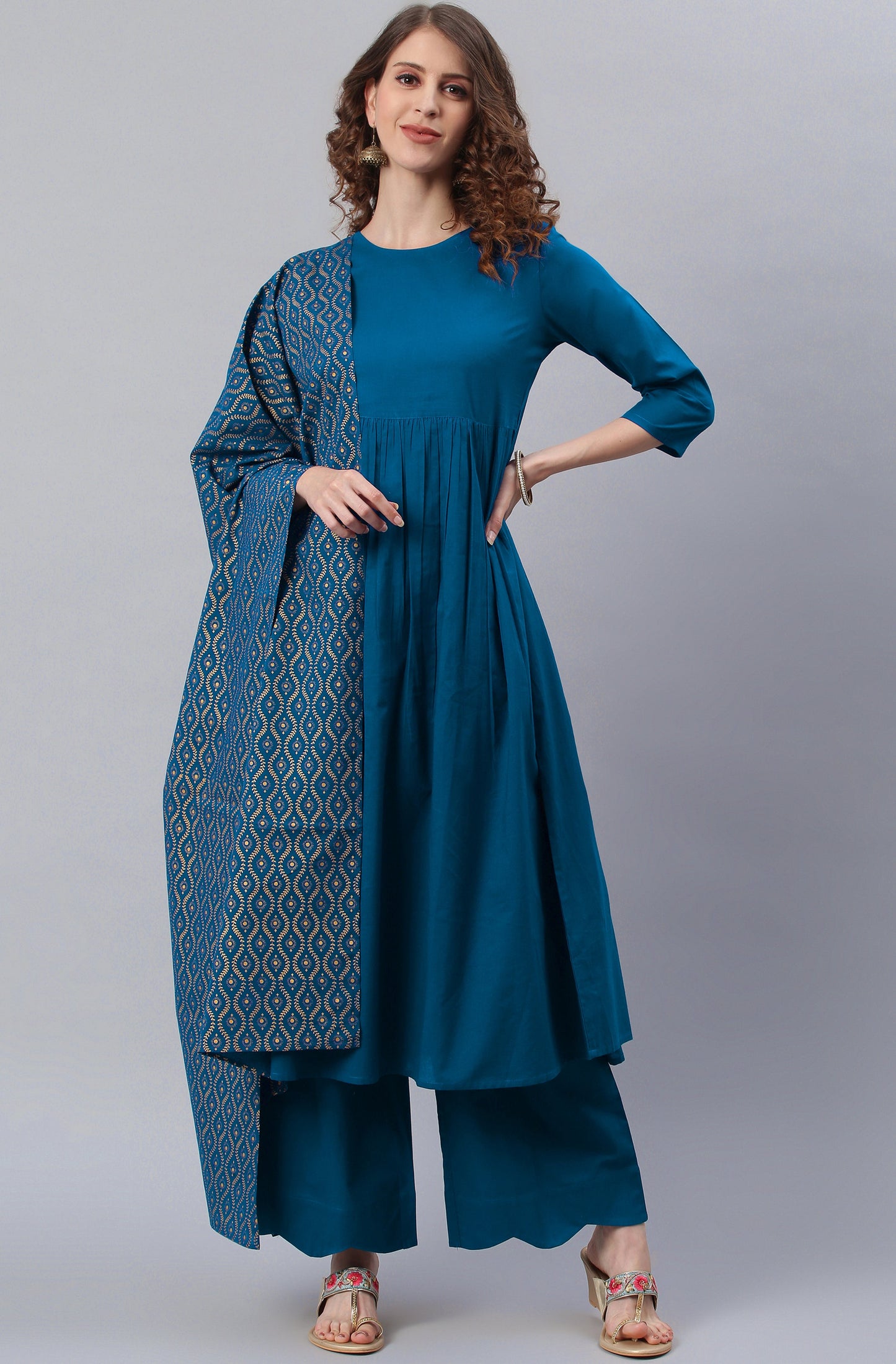 Janasya Women's Blue Cotton Solid Kurta With Palazzo And Dupatta | Swadesiicart
