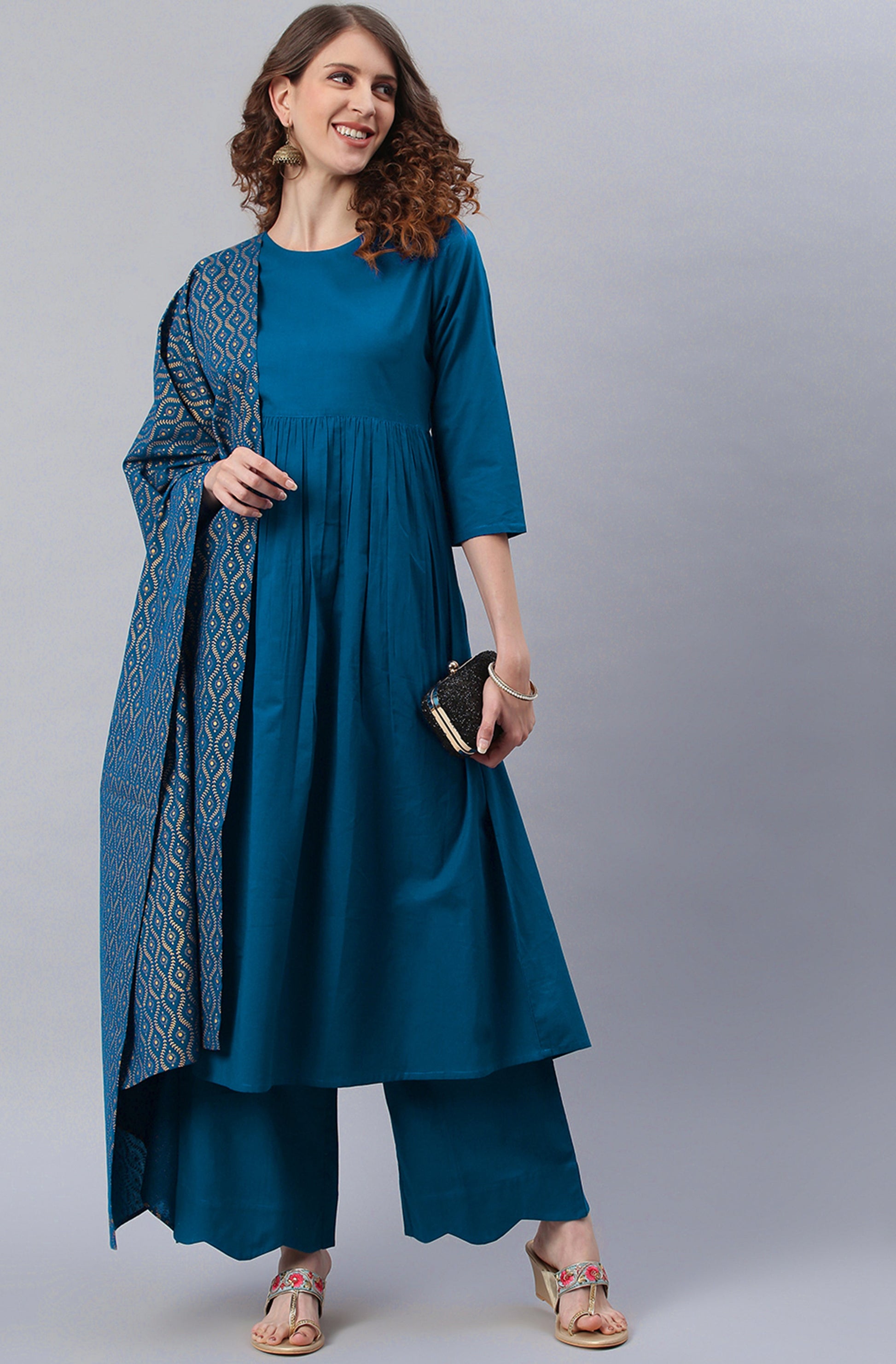 Janasya Women's Blue Cotton Solid Kurta With Palazzo And Dupatta | Swadesiicart