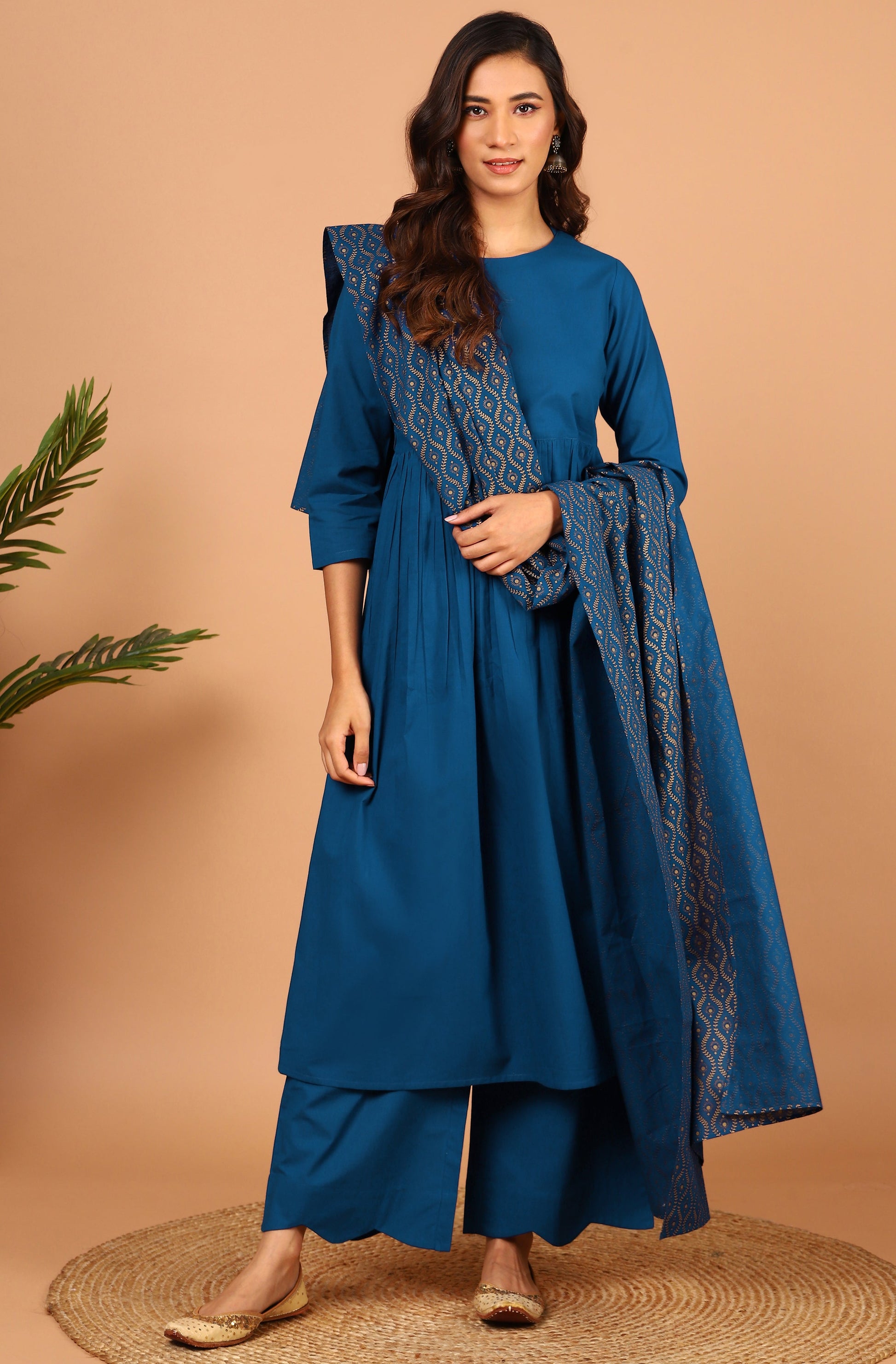 Janasya Women's Blue Cotton Solid Kurta With Palazzo And Dupatta | Swadesiicart