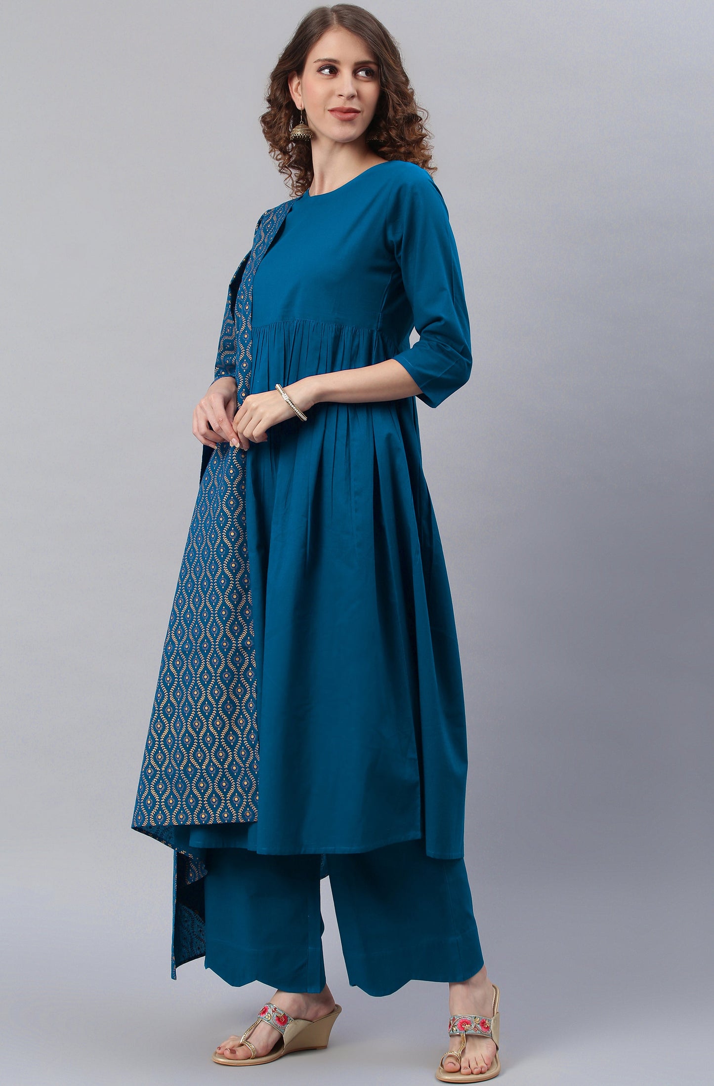 Janasya Women's Blue Cotton Solid Kurta With Palazzo And Dupatta | Swadesiicart