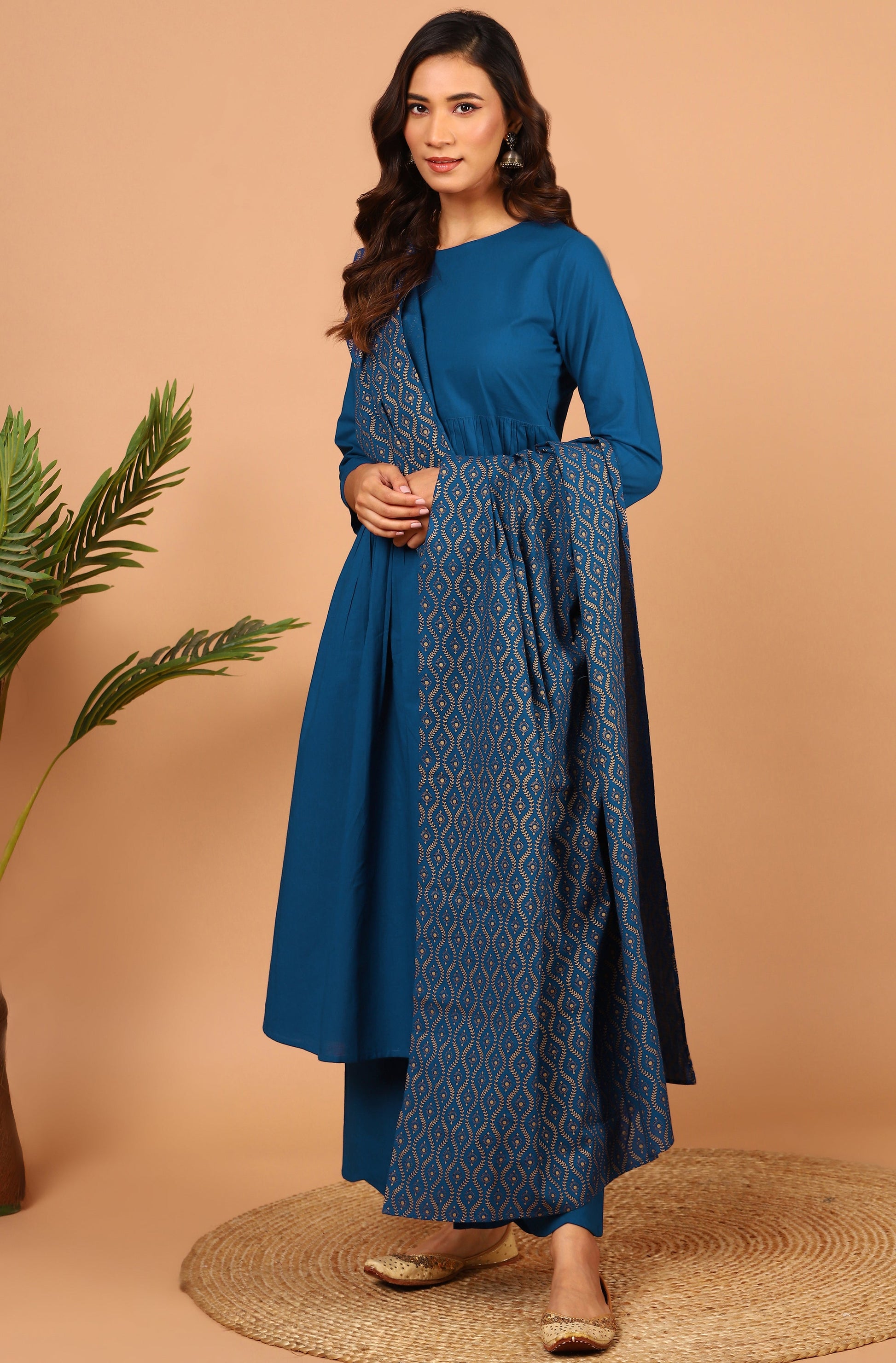 Janasya Women's Blue Cotton Solid Kurta With Palazzo And Dupatta | Swadesiicart