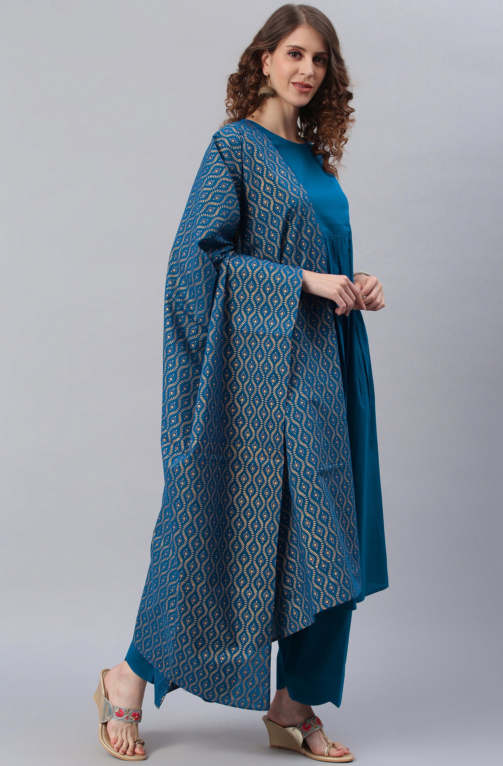 Janasya Women's Blue Cotton Solid Kurta With Palazzo And Dupatta | Swadesiicart
