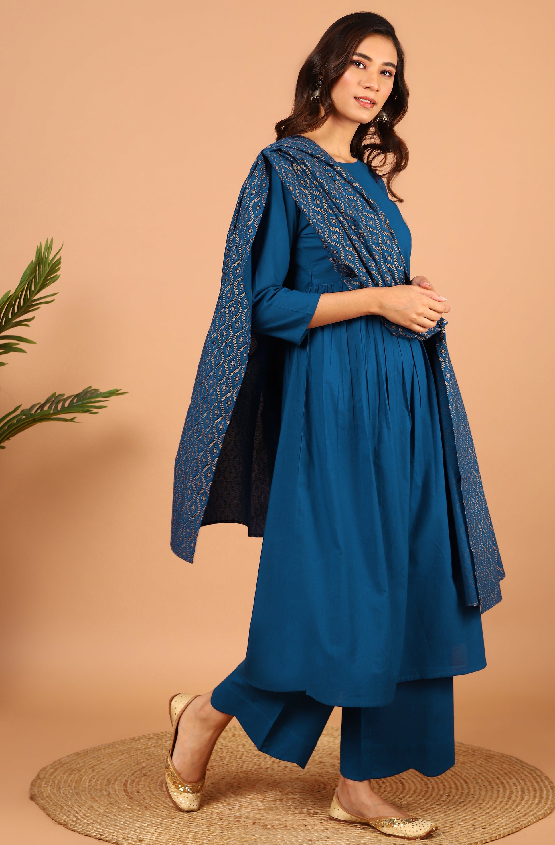 Janasya Women's Blue Cotton Solid Kurta With Palazzo And Dupatta | Swadesiicart