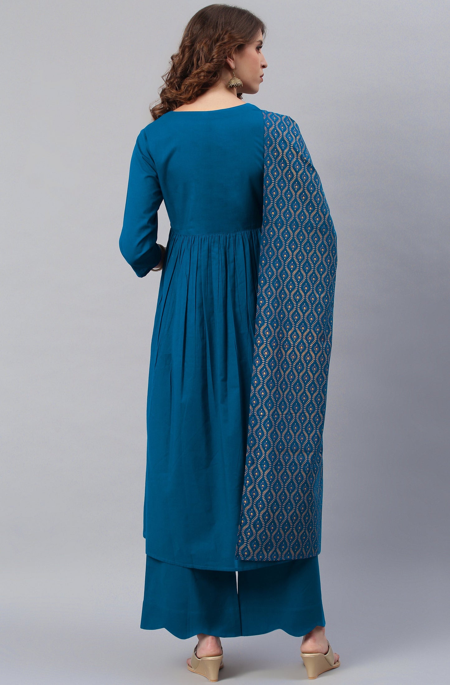 Janasya Women's Blue Cotton Solid Kurta With Palazzo And Dupatta | Swadesiicart