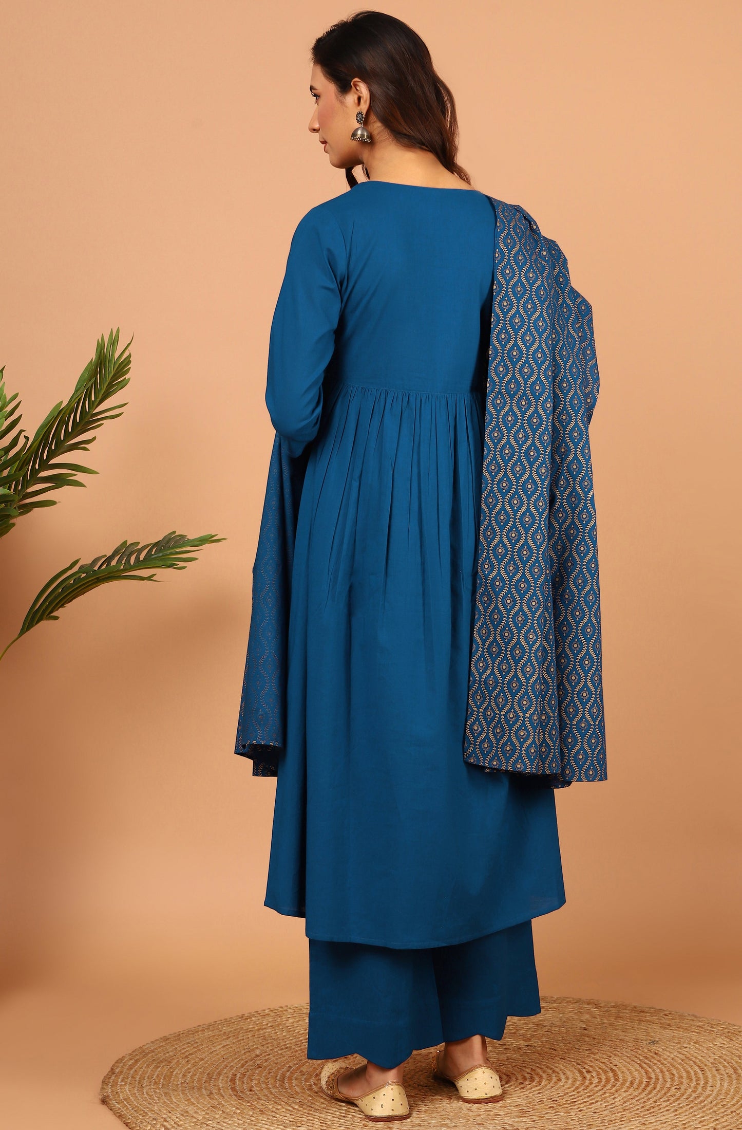 Janasya Women's Blue Cotton Solid Kurta With Palazzo And Dupatta | Swadesiicart