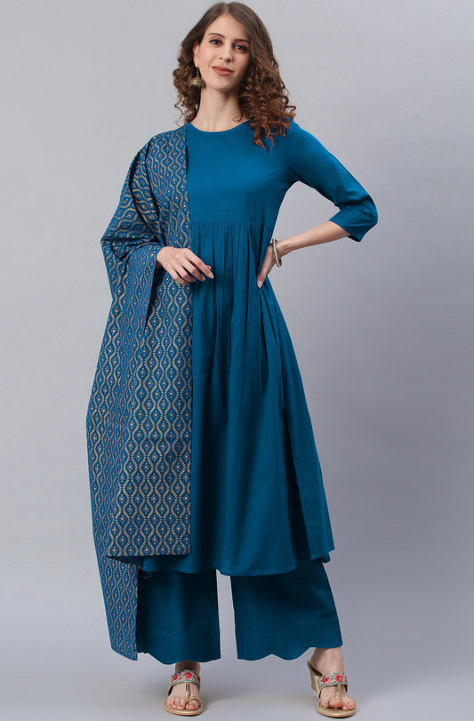 Janasya Women's Blue Cotton Solid Kurta With Palazzo And Dupatta | Swadesiicart