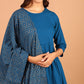 Janasya Women's Blue Cotton Solid Kurta With Palazzo And Dupatta | Swadesiicart