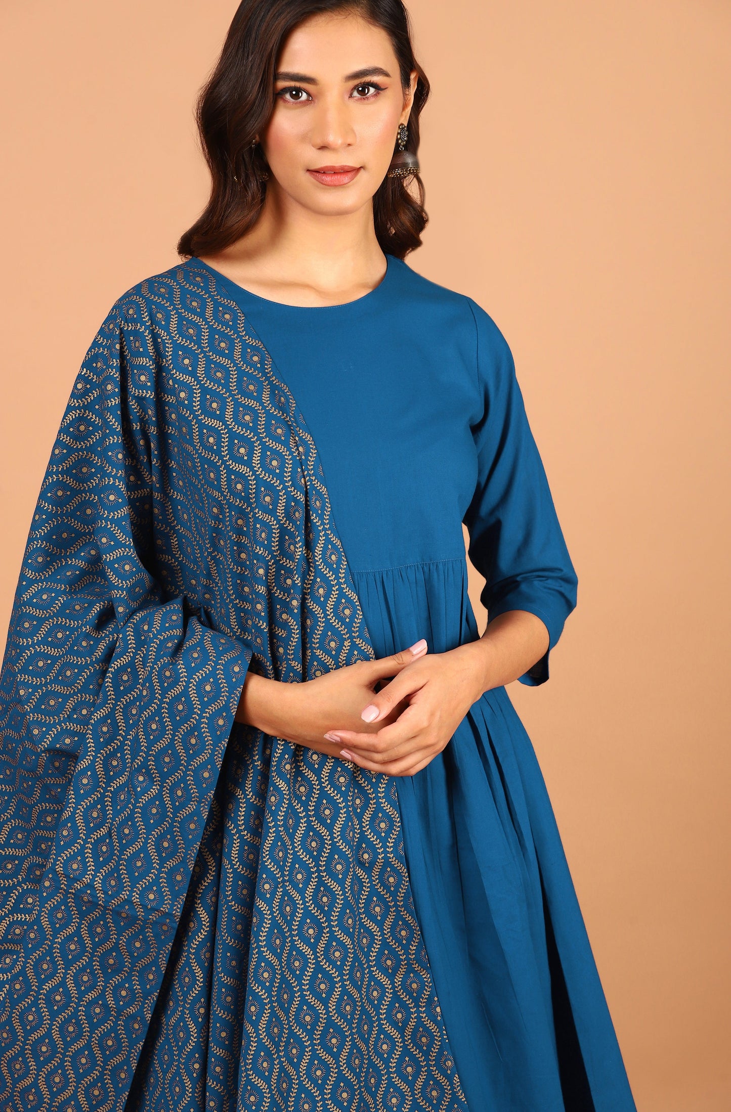Janasya Women's Blue Cotton Solid Kurta With Palazzo And Dupatta | Swadesiicart