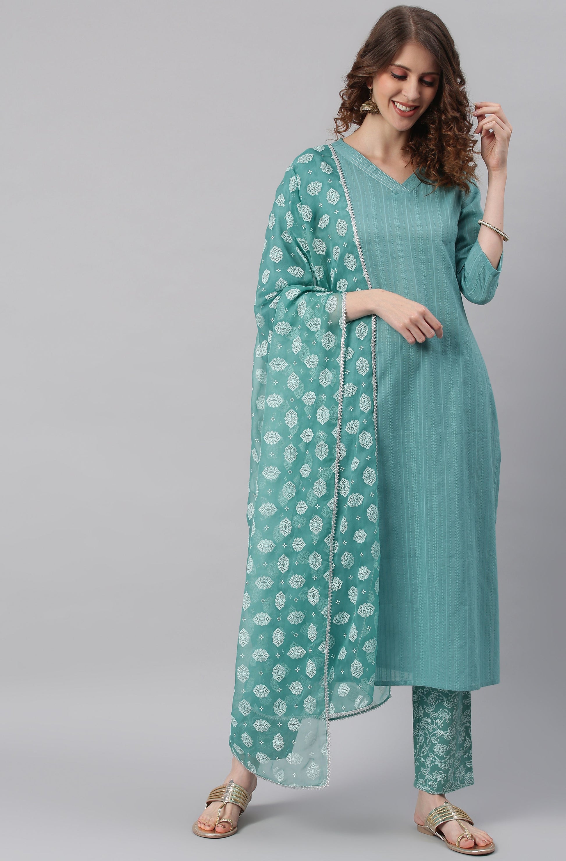 Janasya Women's Turquoise Cotton Striped Kurta With Pant And Dupatta | Swadesiicart