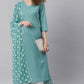 Janasya Women's Turquoise Cotton Striped Kurta With Pant And Dupatta | Swadesiicart