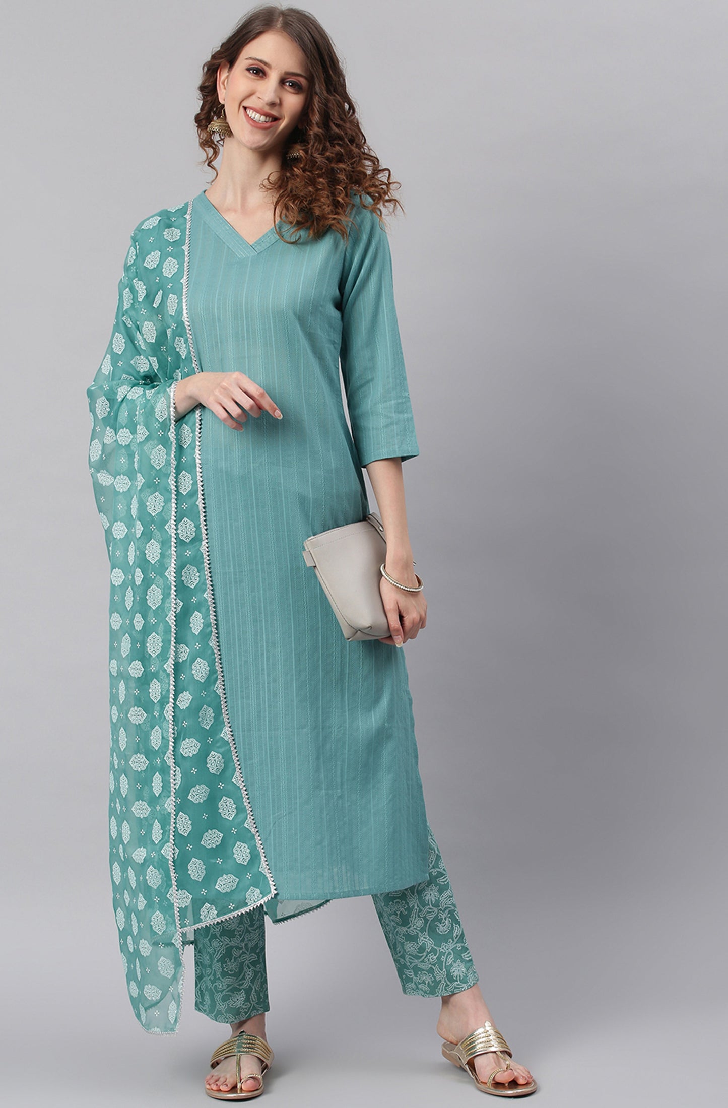 Janasya Women's Turquoise Cotton Striped Kurta With Pant And Dupatta | Swadesiicart