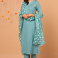 Janasya Women's Turquoise Cotton Striped Kurta With Pant And Dupatta | Swadesiicart