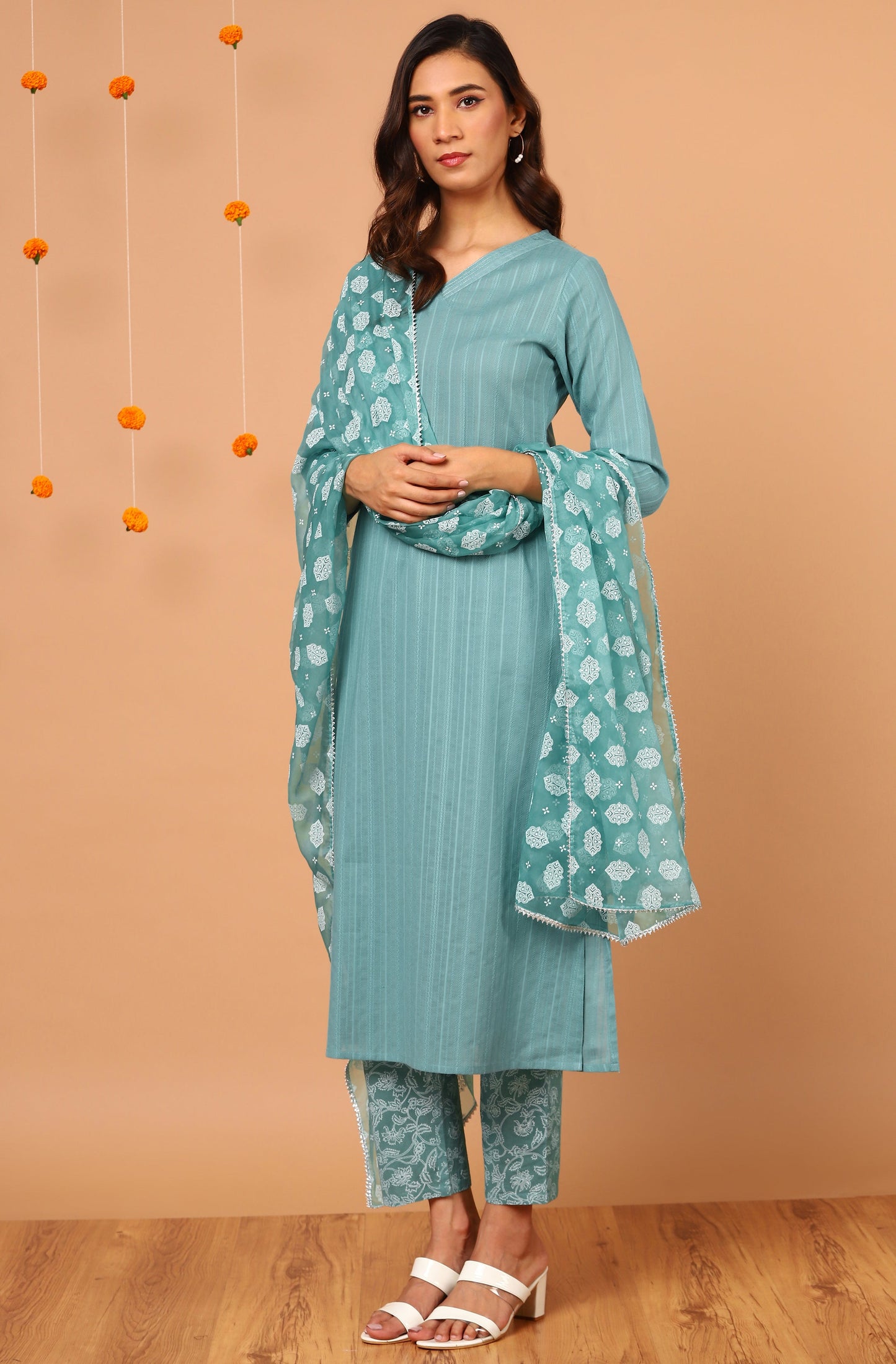 Janasya Women's Turquoise Cotton Striped Kurta With Pant And Dupatta | Swadesiicart