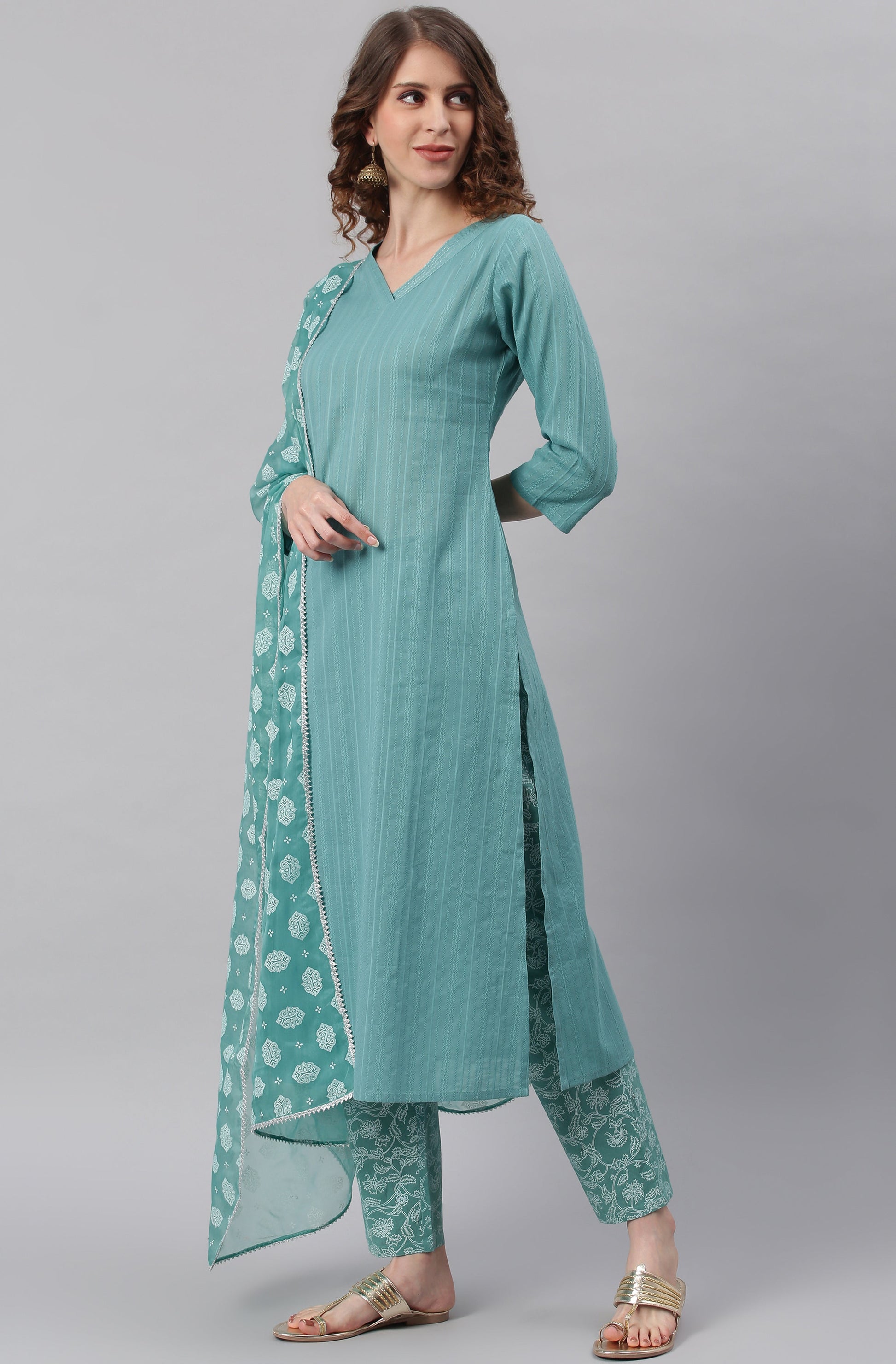 Janasya Women's Turquoise Cotton Striped Kurta With Pant And Dupatta | Swadesiicart
