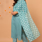 Janasya Women's Turquoise Cotton Striped Kurta With Pant And Dupatta | Swadesiicart