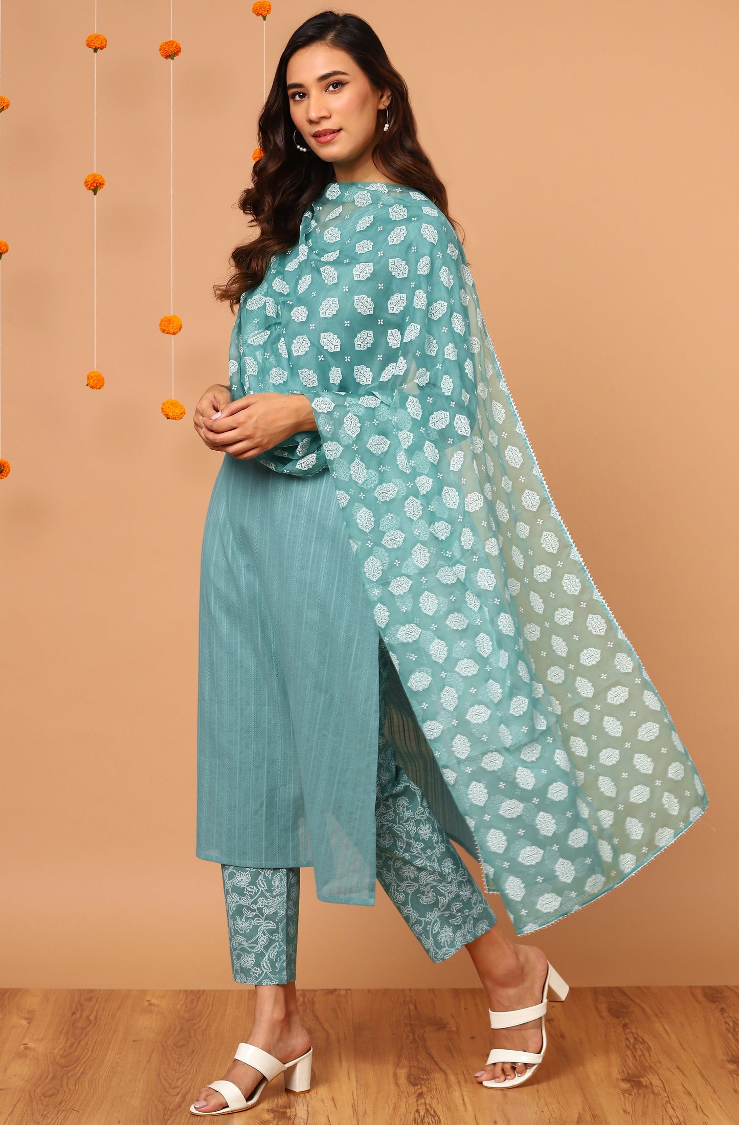 Janasya Women's Turquoise Cotton Striped Kurta With Pant And Dupatta | Swadesiicart