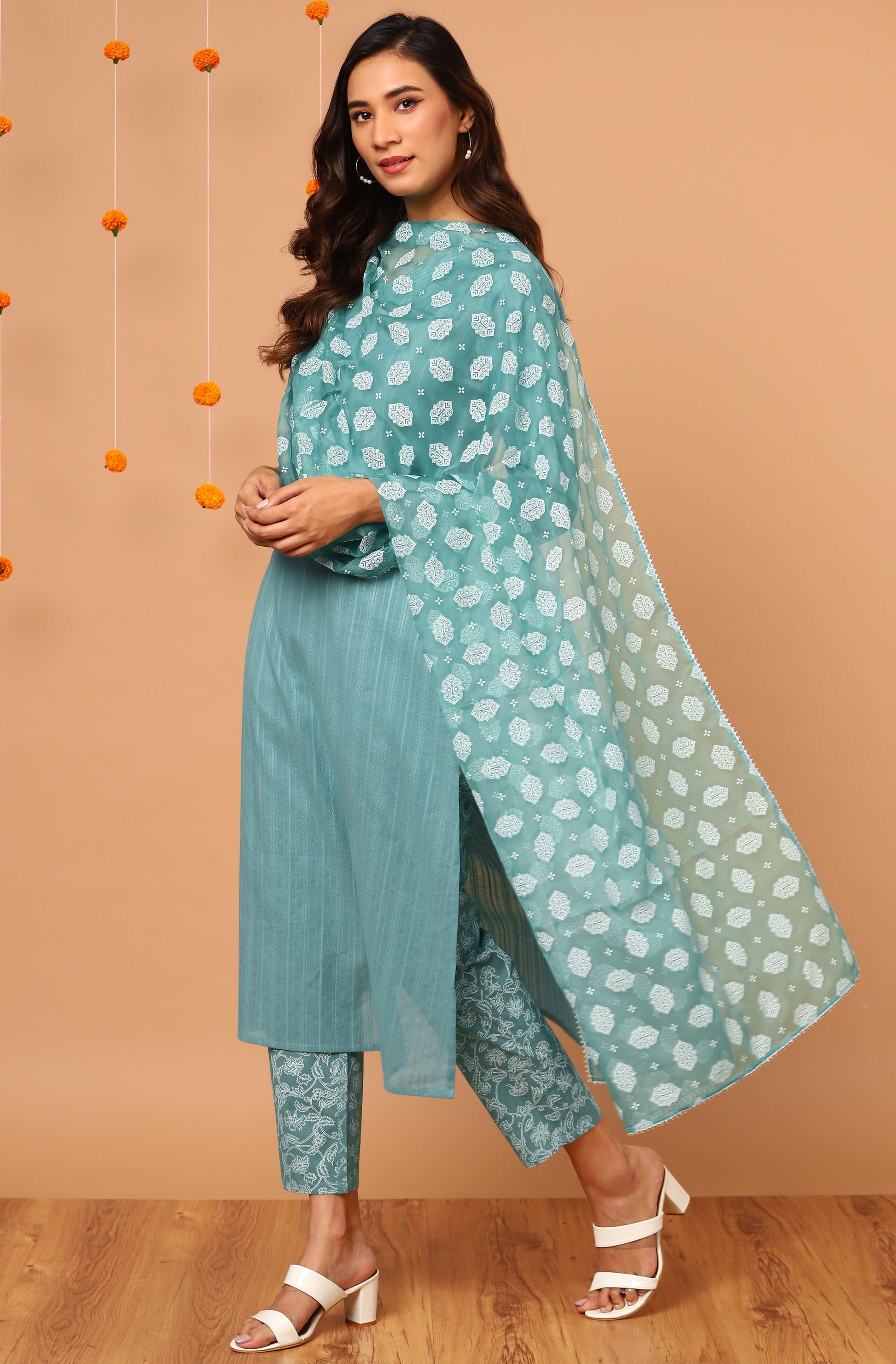 Janasya Women's Turquoise Cotton Striped Kurta With Pant And Dupatta | Swadesiicart