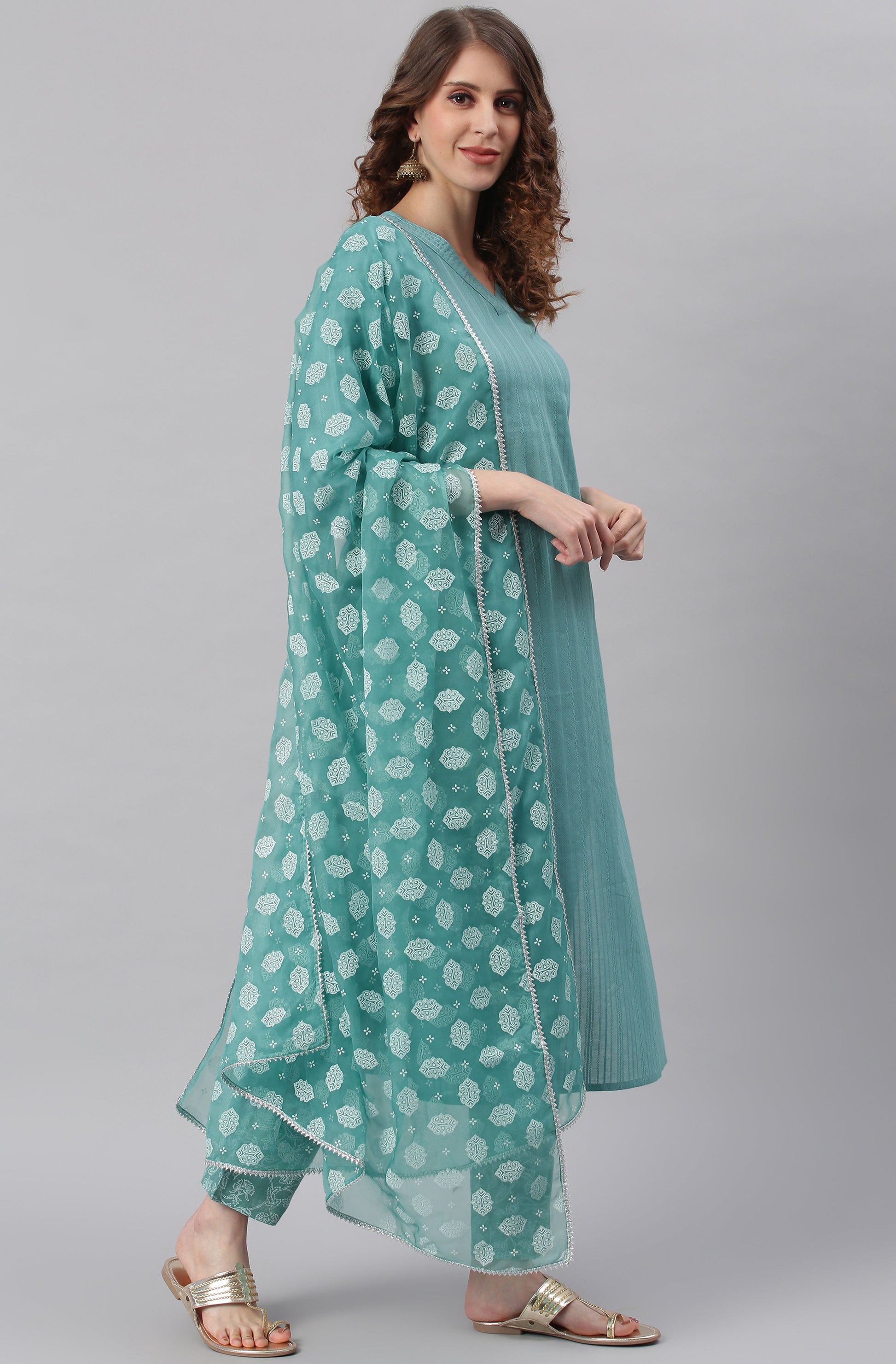 Janasya Women's Turquoise Cotton Striped Kurta With Pant And Dupatta | Swadesiicart