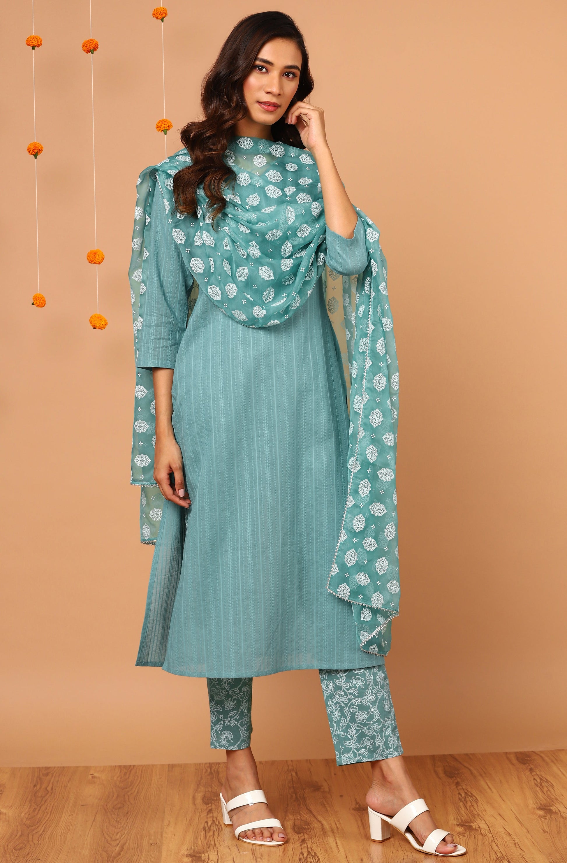 Janasya Women's Turquoise Cotton Striped Kurta With Pant And Dupatta | Swadesiicart