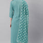 Janasya Women's Turquoise Cotton Striped Kurta With Pant And Dupatta | Swadesiicart