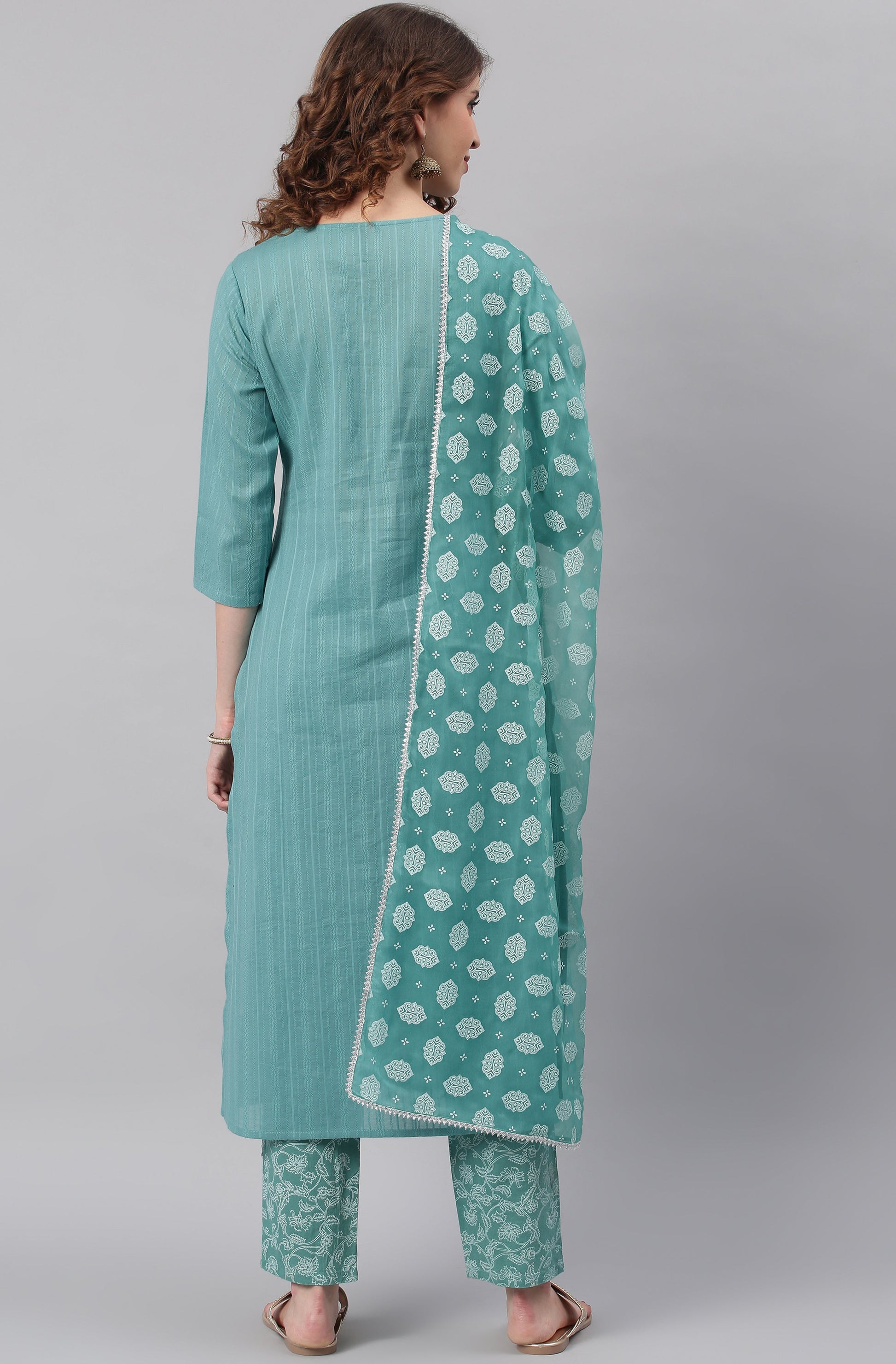 Janasya Women's Turquoise Cotton Striped Kurta With Pant And Dupatta | Swadesiicart