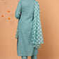 Janasya Women's Turquoise Cotton Striped Kurta With Pant And Dupatta | Swadesiicart