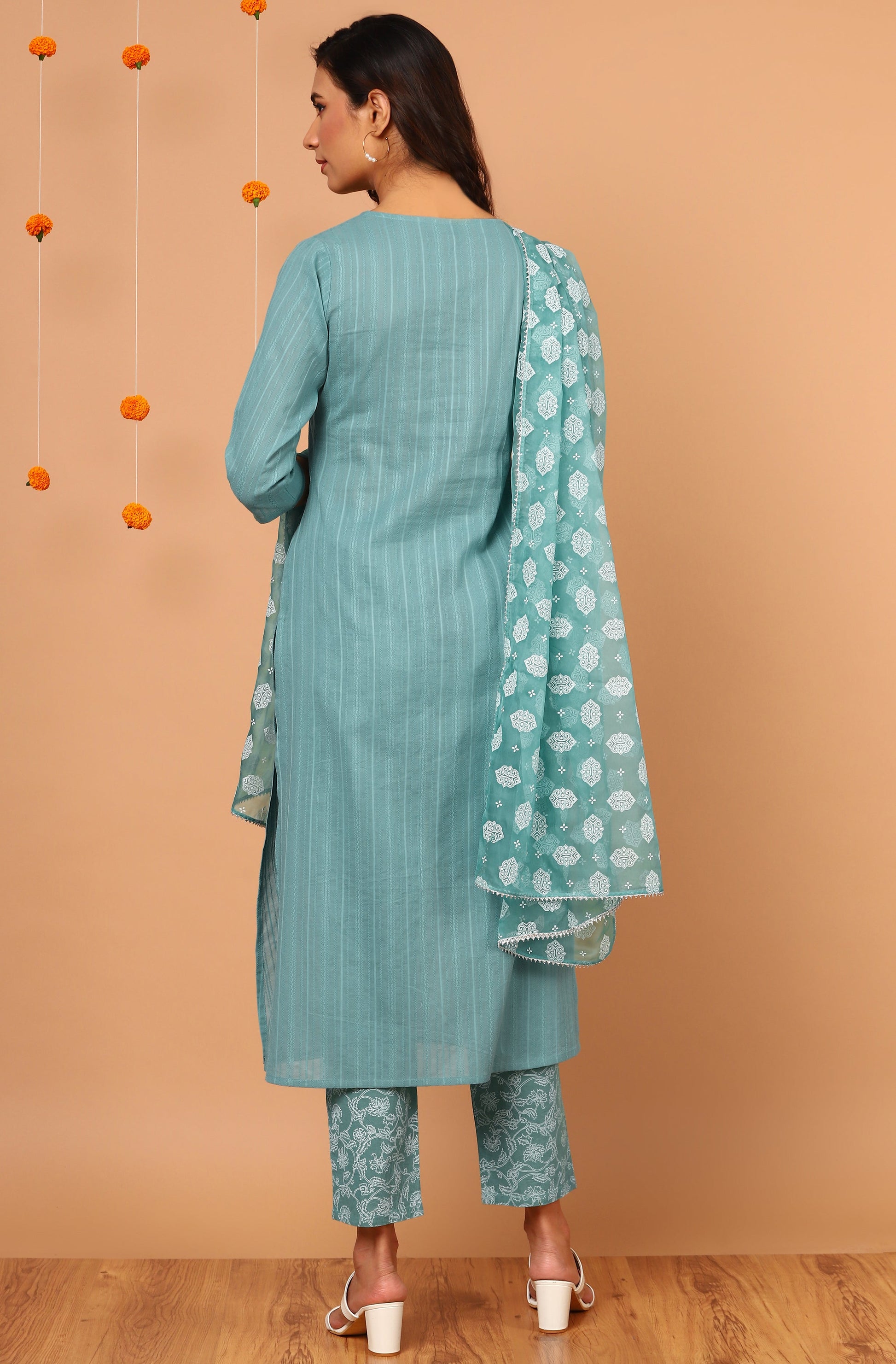 Janasya Women's Turquoise Cotton Striped Kurta With Pant And Dupatta | Swadesiicart