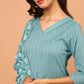 Janasya Women's Turquoise Cotton Striped Kurta With Pant And Dupatta | Swadesiicart