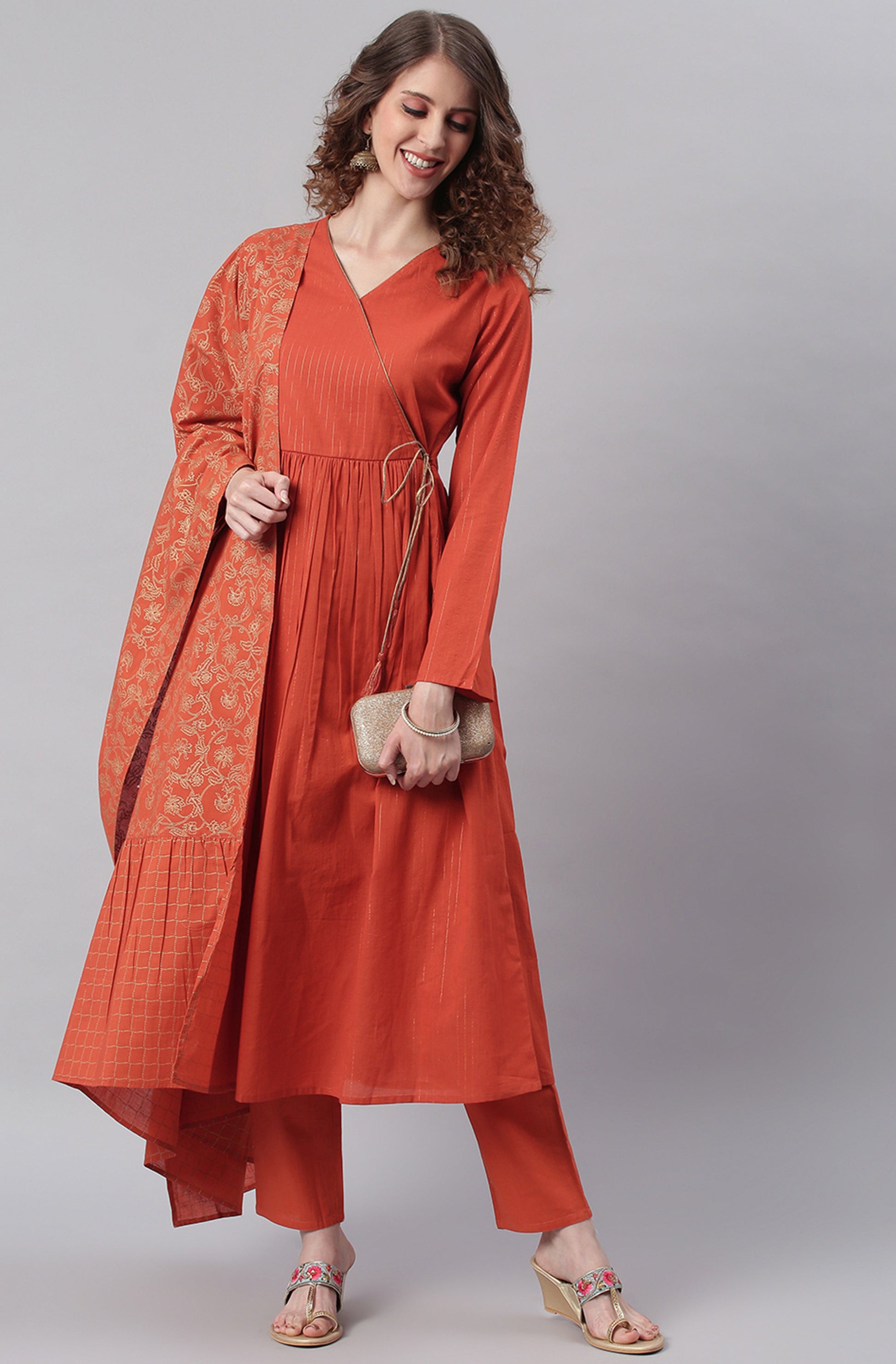 Janasya Women's Orange Cotton Striped Kurta With Pant And Dupatta | Swadesiicart
