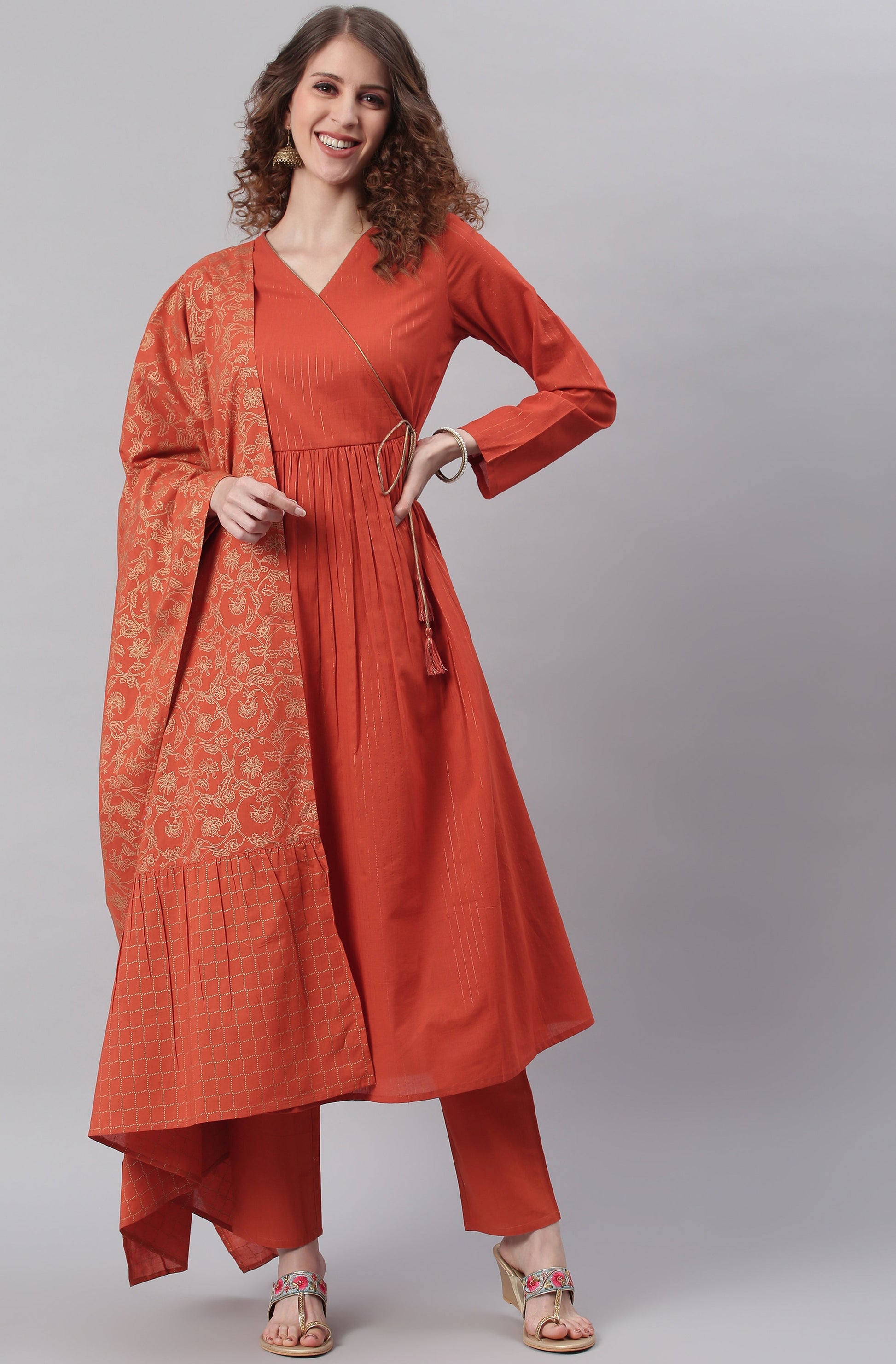 Janasya Women's Orange Cotton Striped Kurta With Pant And Dupatta | Swadesiicart
