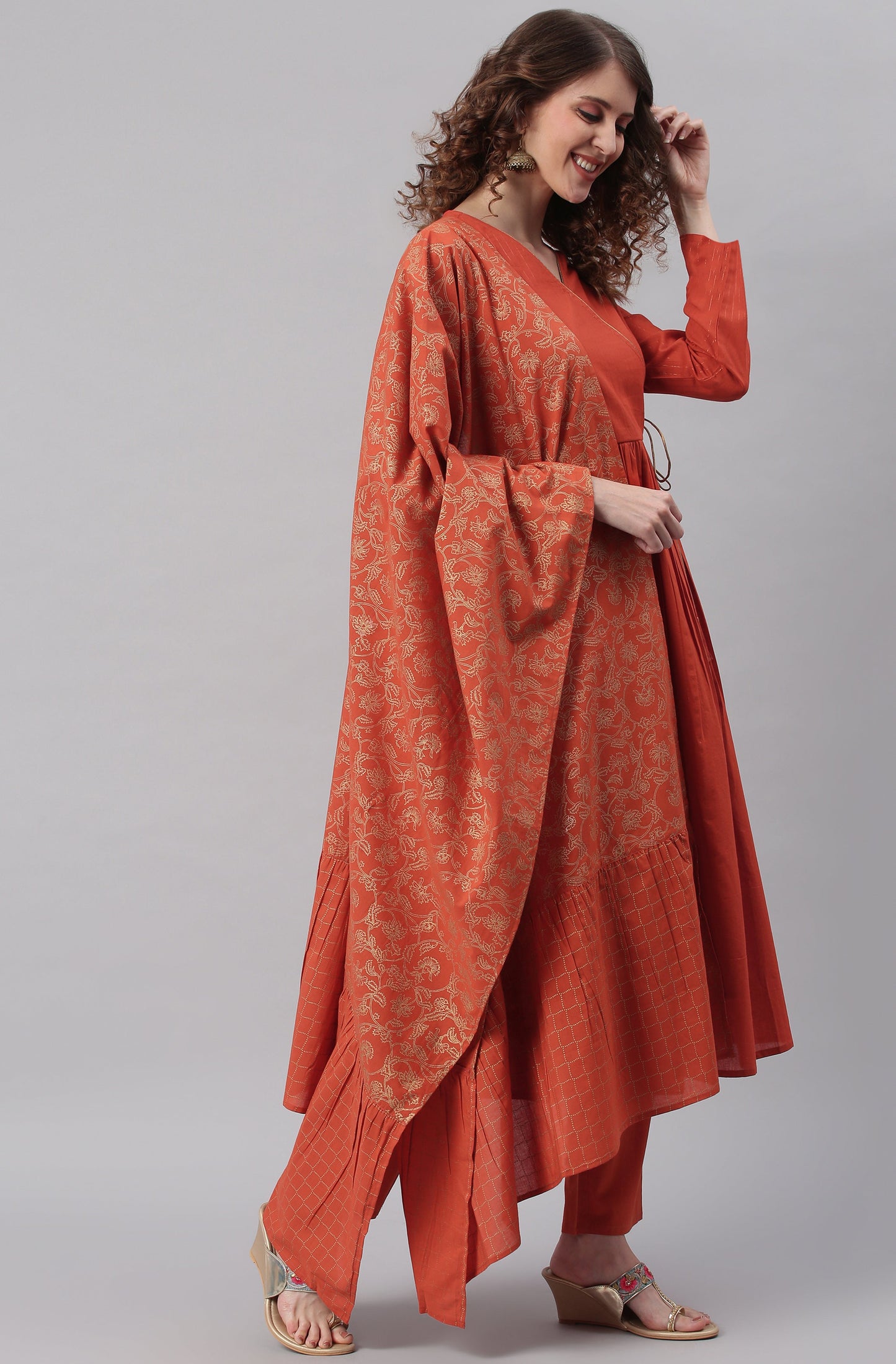 Janasya Women's Orange Cotton Striped Kurta With Pant And Dupatta | Swadesiicart