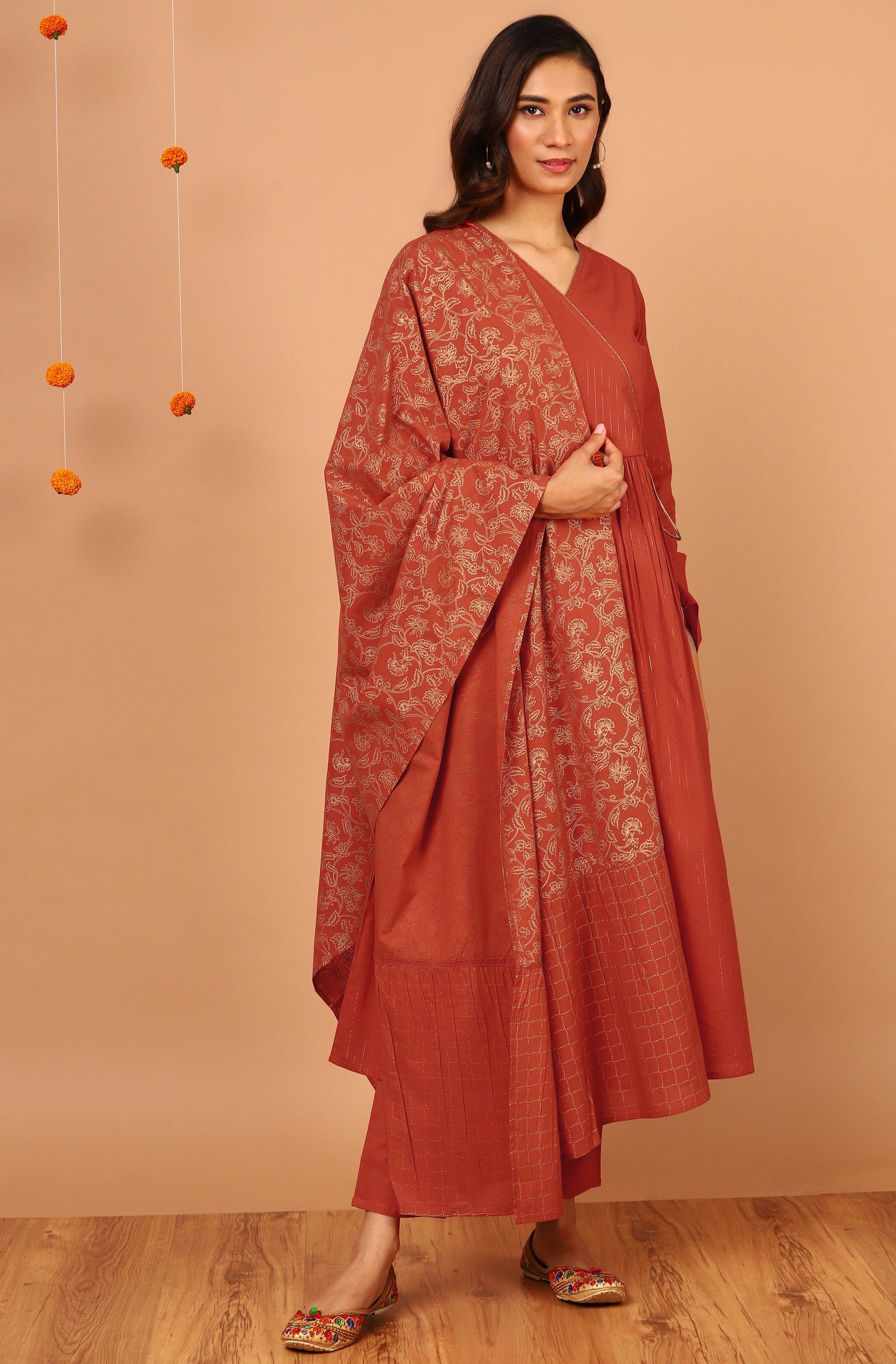 Janasya Women's Orange Cotton Striped Kurta With Pant And Dupatta | Swadesiicart
