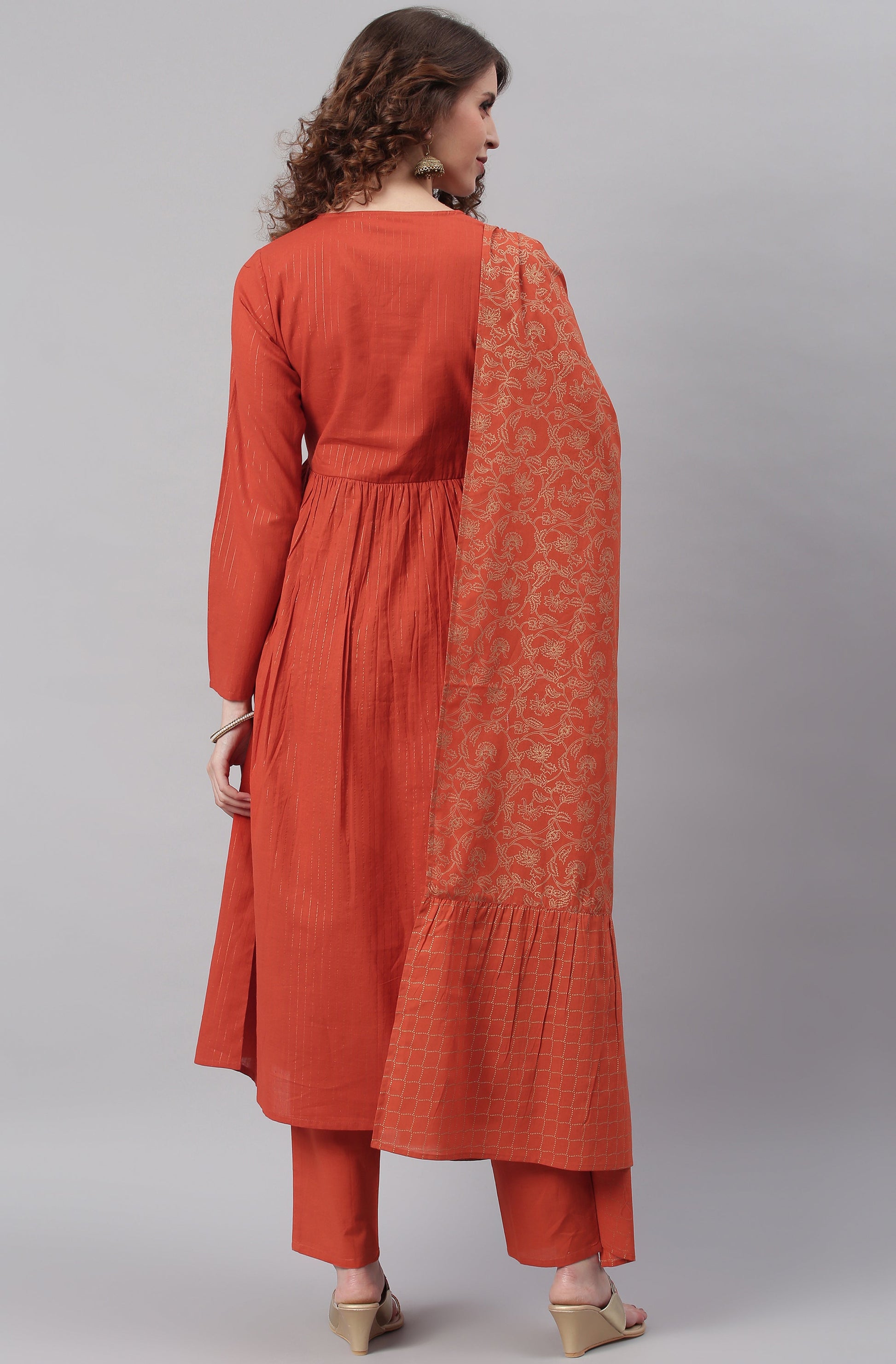 Janasya Women's Orange Cotton Striped Kurta With Pant And Dupatta | Swadesiicart