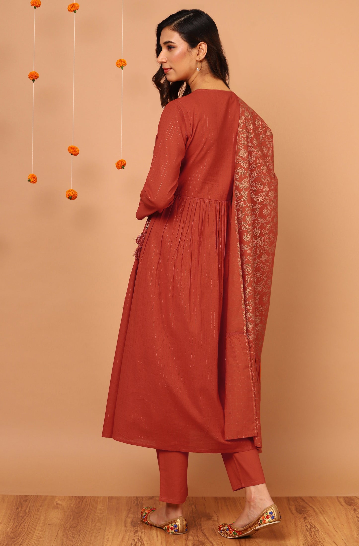 Janasya Women's Orange Cotton Striped Kurta With Pant And Dupatta | Swadesiicart