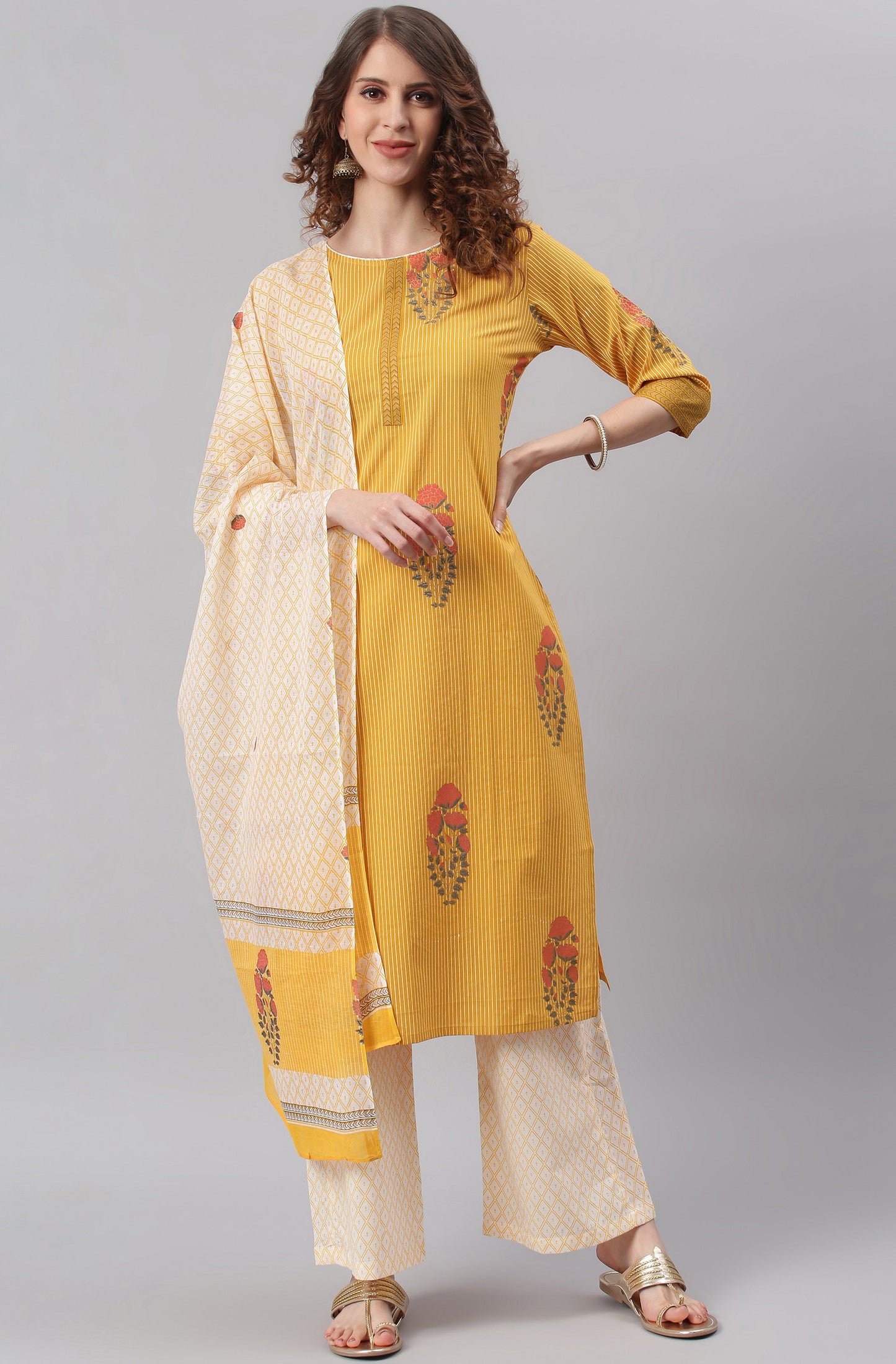Janasya Women's Yellow Cotton Striped Kurta With Palazzo And Dupatta | Swadesiicart