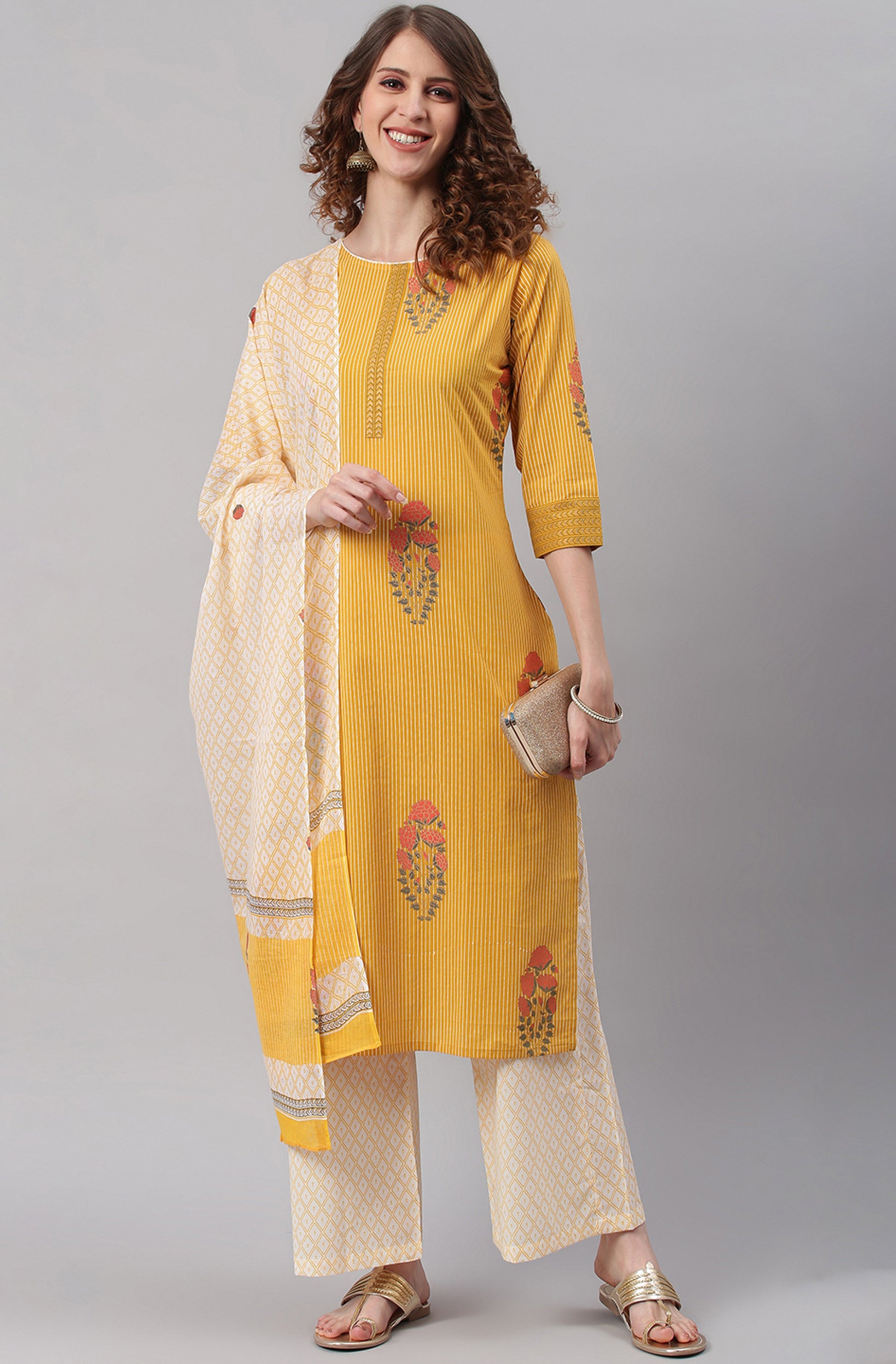 Janasya Women's Yellow Cotton Striped Kurta With Palazzo And Dupatta | Swadesiicart