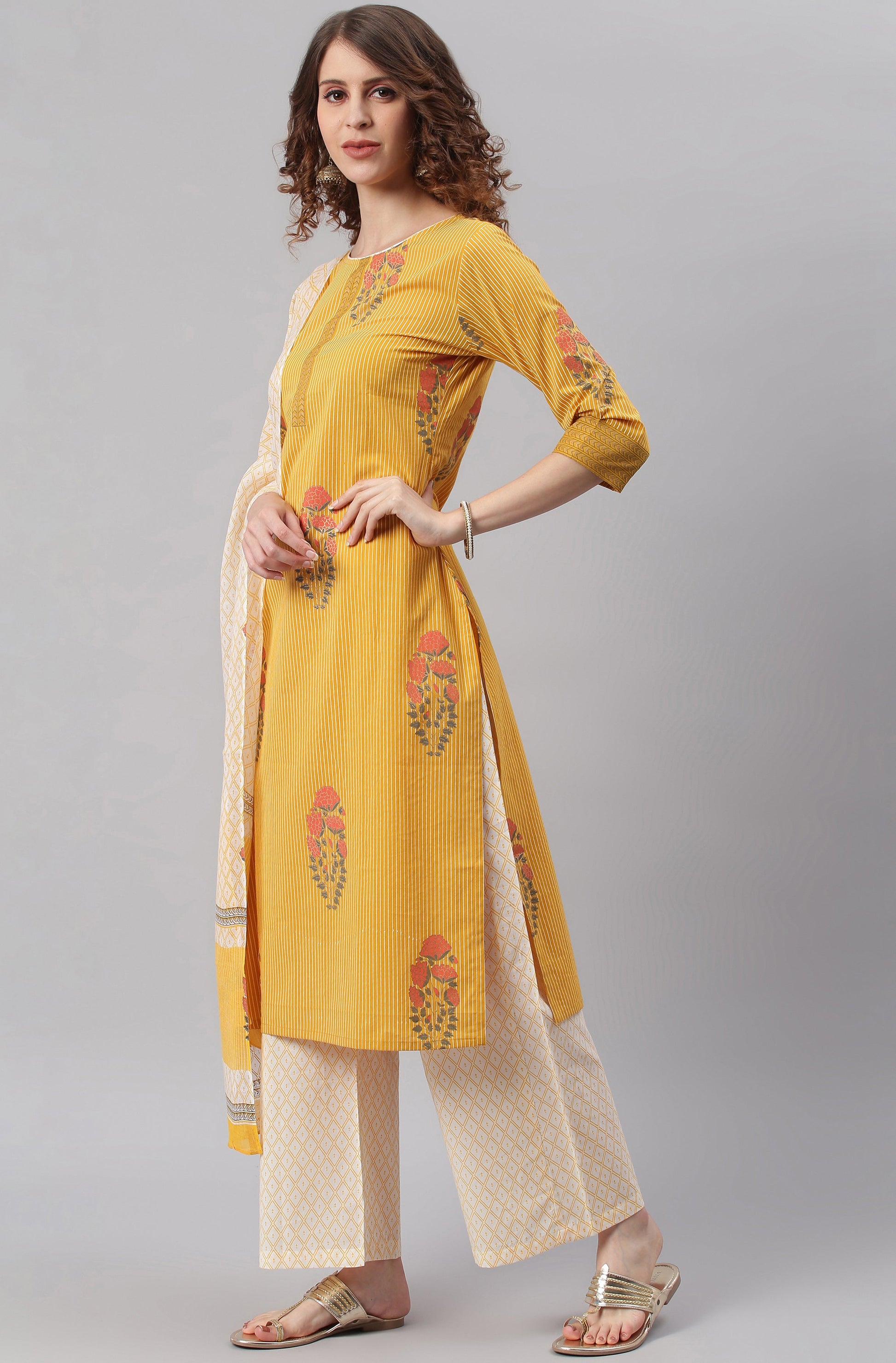 Janasya Women's Yellow Cotton Striped Kurta With Palazzo And Dupatta | Swadesiicart